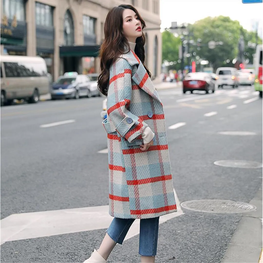 ERFMFKL Women Blended Woolen Coat Lattice Wool Jacket Autumn Winter Double Breasted Jackets Outerwear