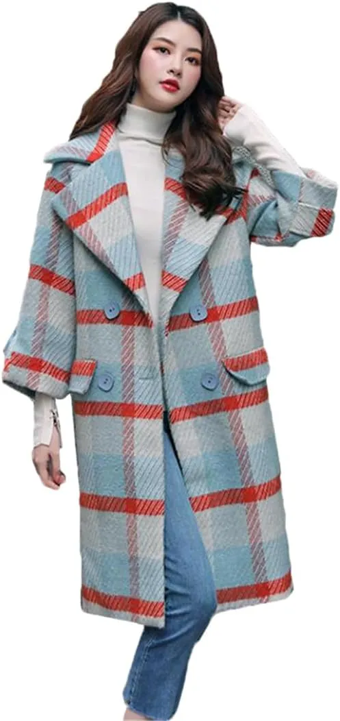 ERFMFKL Women Blended Woolen Coat Lattice Wool Jacket Autumn Winter Double Breasted Jackets Outerwear