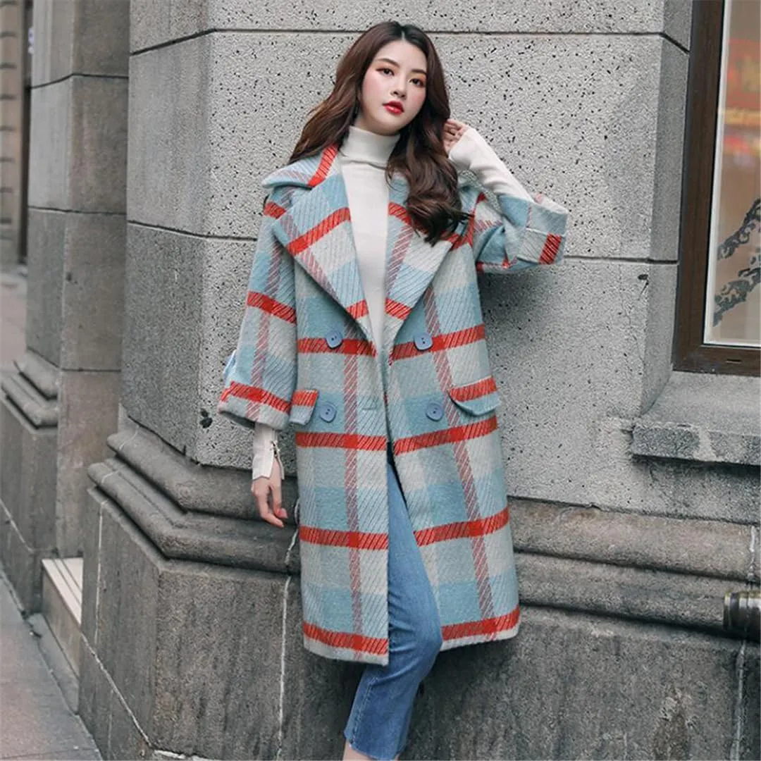 ERFMFKL Women Blended Woolen Coat Lattice Wool Jacket Autumn Winter Double Breasted Jackets Outerwear