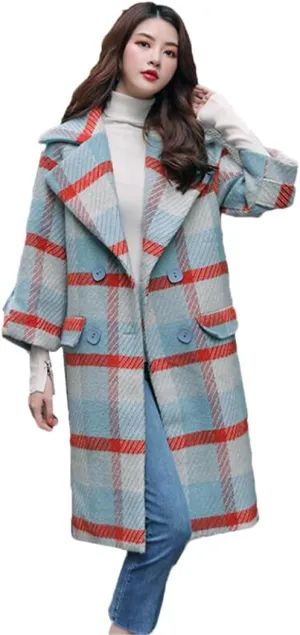 ERFMFKL Women Blended Woolen Coat Lattice Wool Jacket Autumn Winter Double Breasted Jackets Outerwear