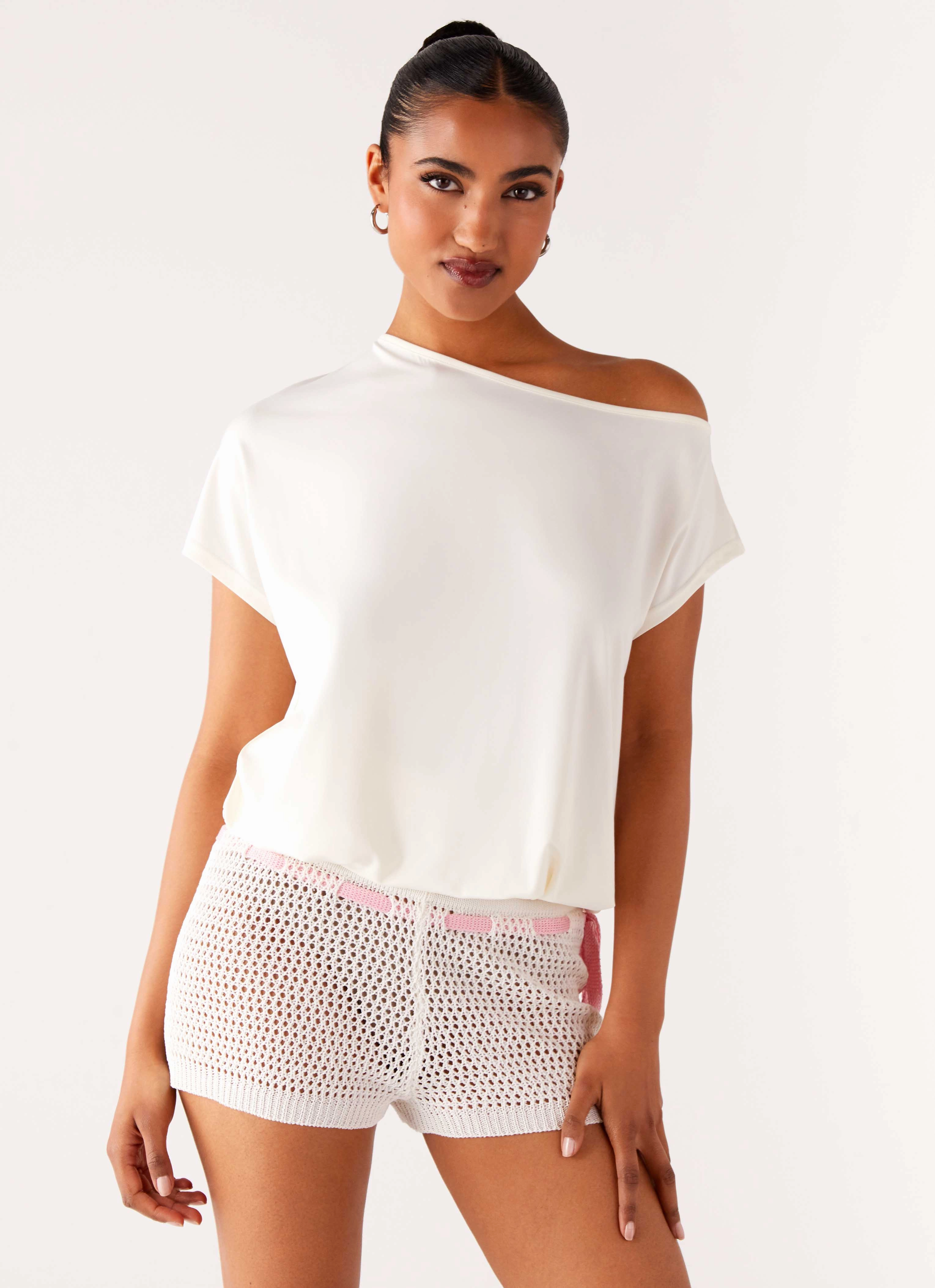 Stain Repellent Coating Mahana Crochet Mini Shorts - Ivory Pink