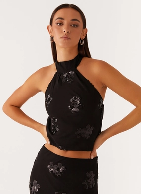 Cillian Sequin Halter Top - Black HighNeckline