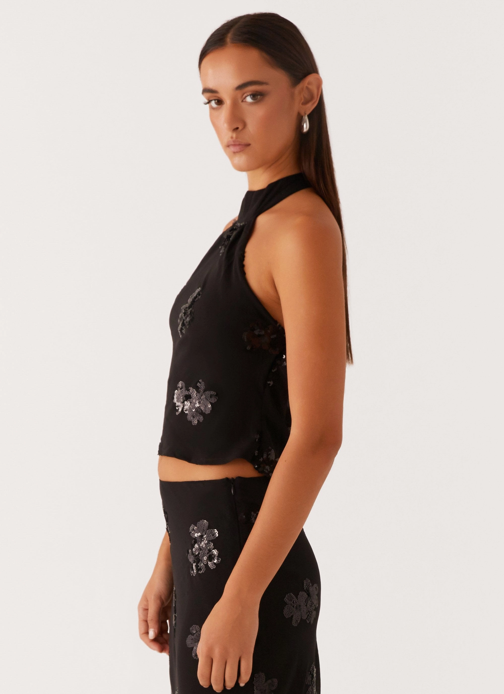 Cillian Sequin Halter Top - Black AntiFade Treatment LightweightWeave