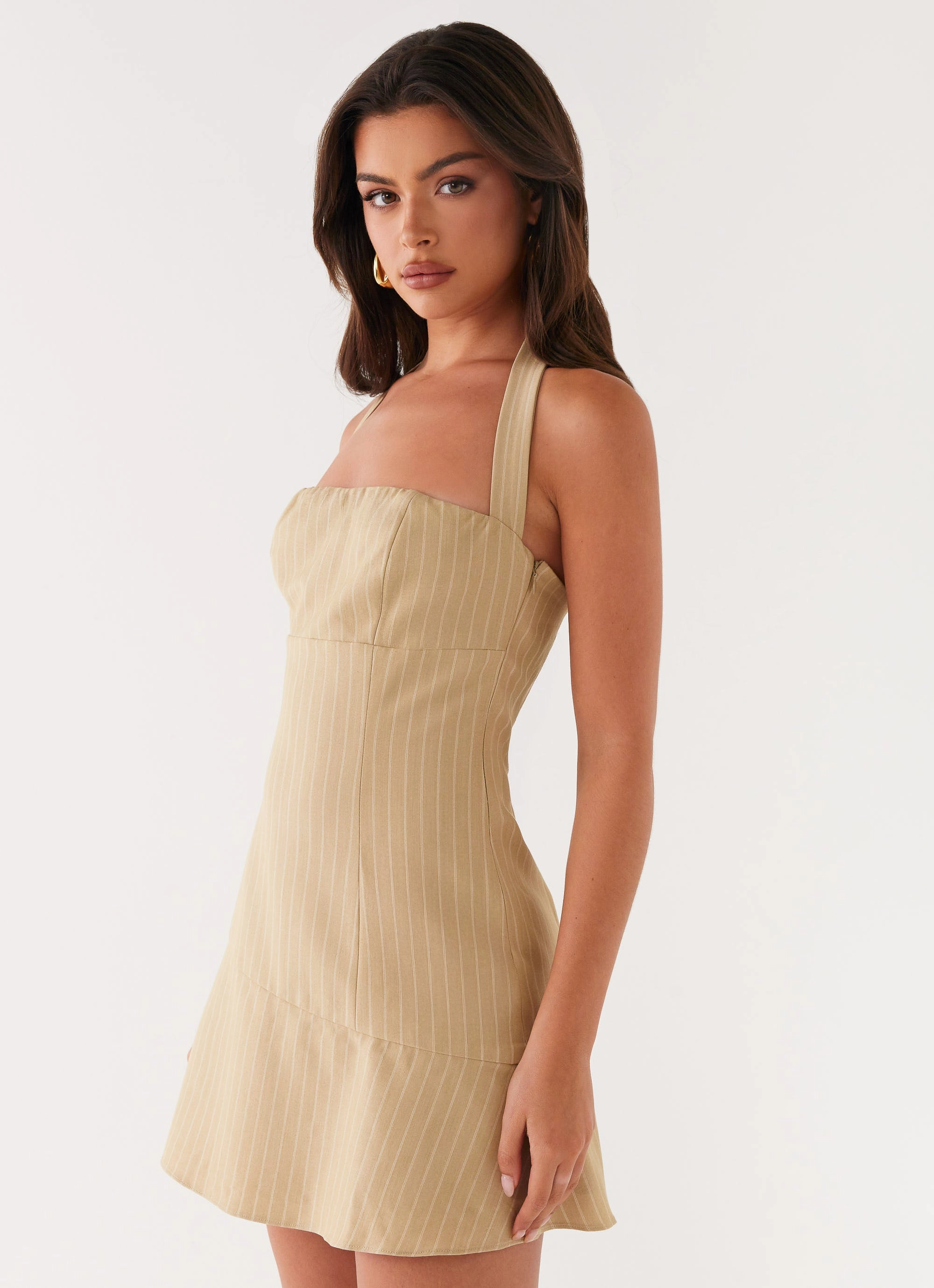 Erica Mini Dress - Beige Stripe Trendy Piece Style Option