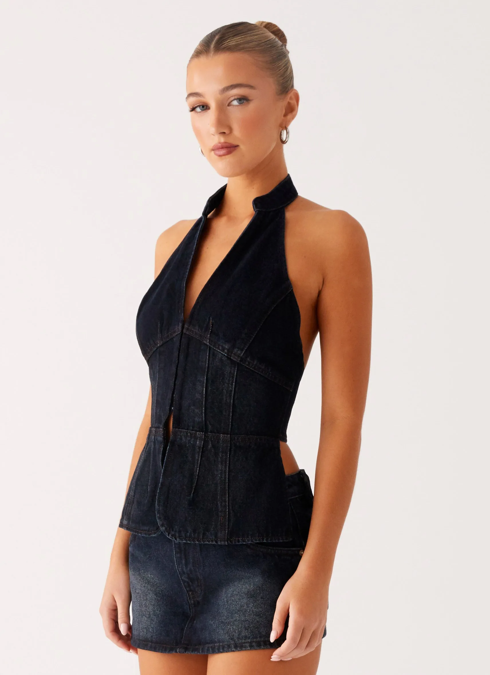 Esma Halter Top - Washed Dark Blue Flatlock Seam Technique TumbleDryFriendlyMaterial