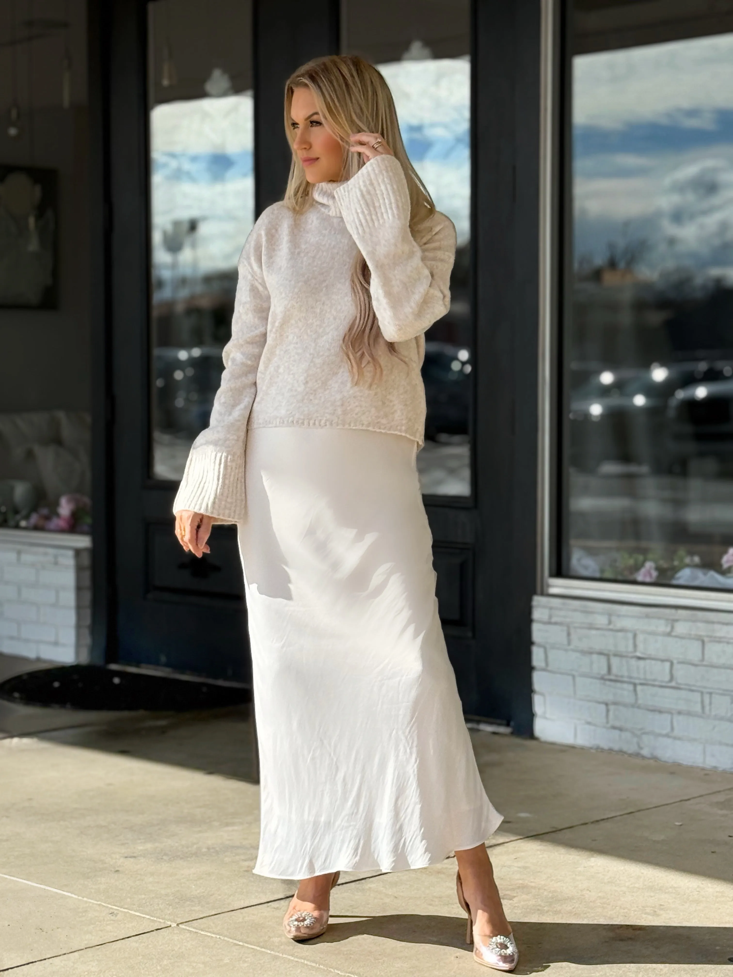 Europa Luxe Sheen Midi Skirt - Sea Salt StaticDissipativeFabric Comfortable fit