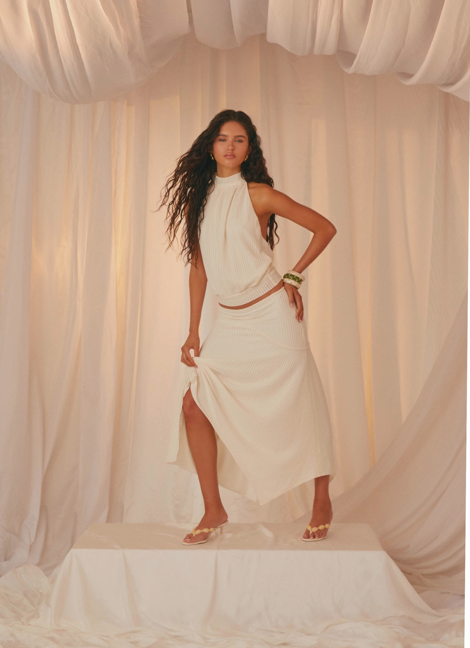 Evaden Low Rise Midi Skirt - Ivory Eco Friendly Dye Cozy Fit