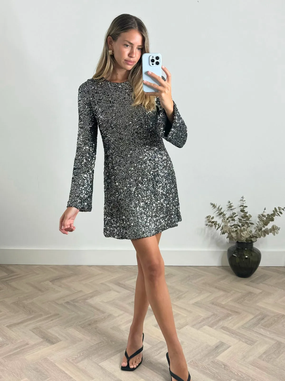 Evelyn Sequin Bow Back Mini Dress in Black Office Mood