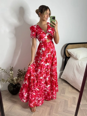 Zoe Tiered Cutout Maxi Dress / Red & White Polished Appearance