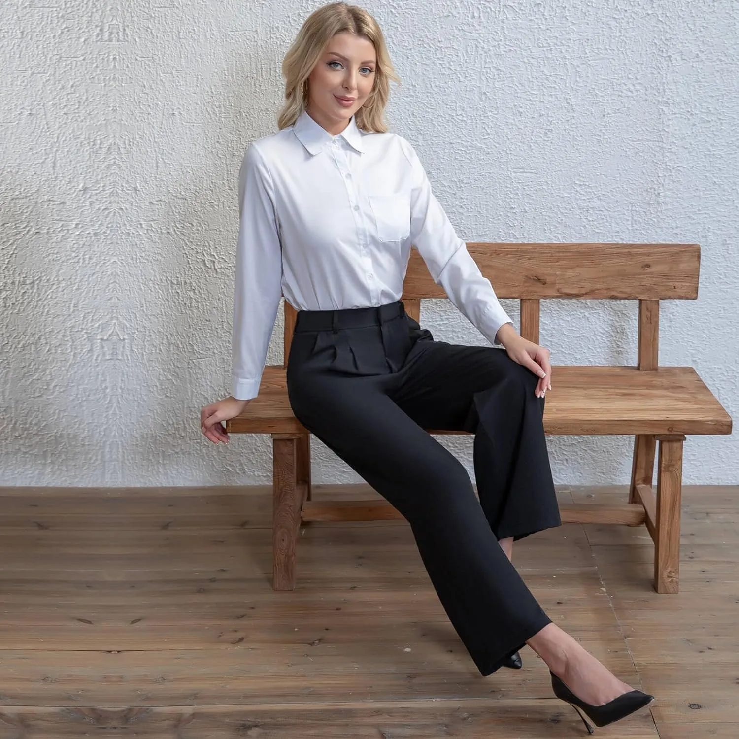 Everbellus Casual Wide Leg Dress Pants for Women High Elastic Waisted Work Tailored Pants Pocket Business Trousers