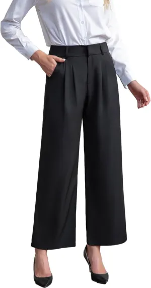 Everbellus Casual Wide Leg Dress Pants for Women High Elastic Waisted Work Tailored Pants Pocket Business Trousers