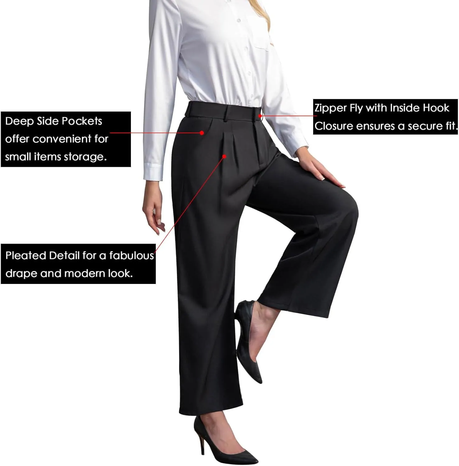 Everbellus Casual Wide Leg Dress Pants for Women High Elastic Waisted Work Tailored Pants Pocket Business Trousers