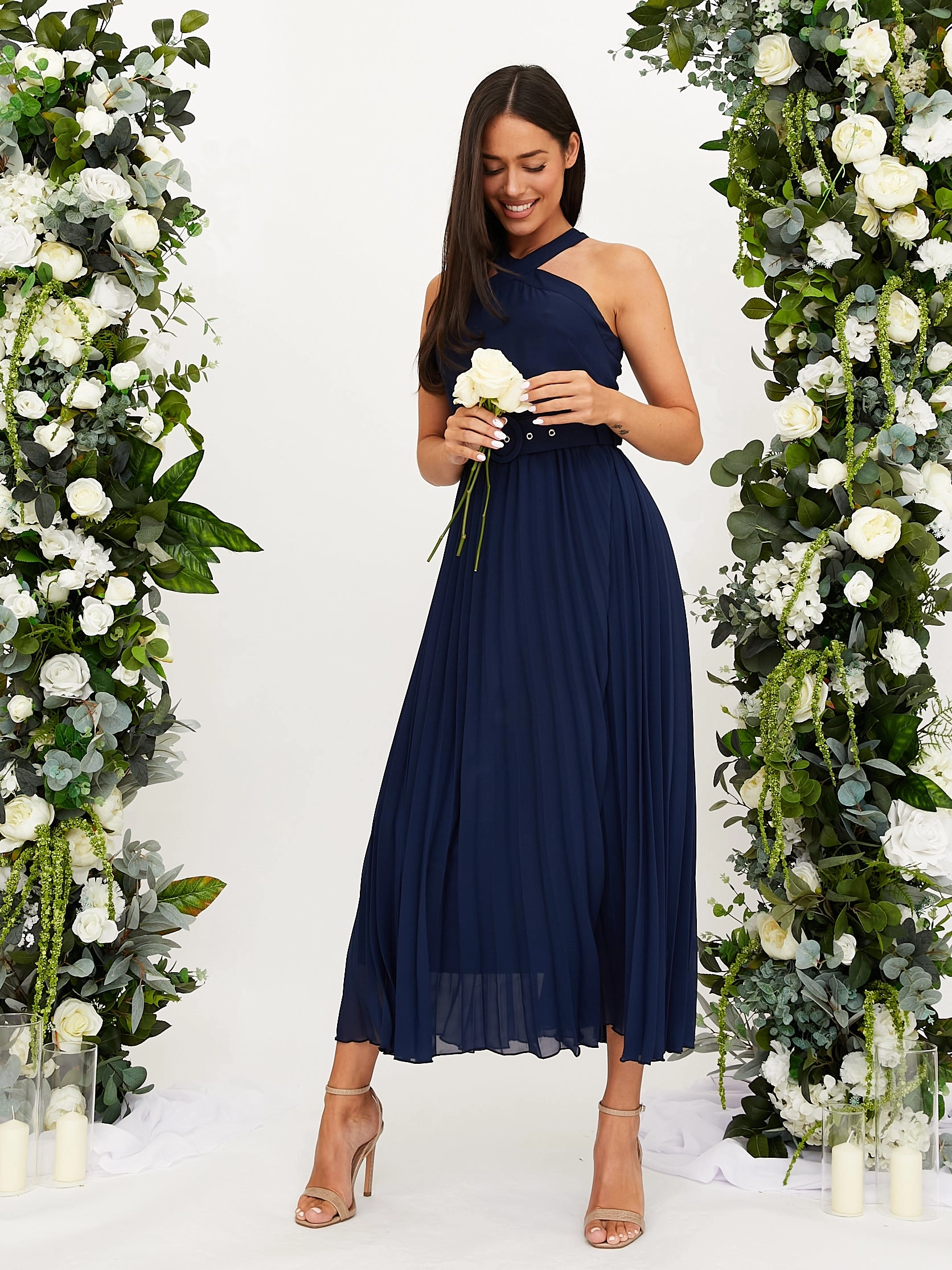 Cozy Vibes Cross Neck Pleated Midaxi Chiffon Dress / Navy