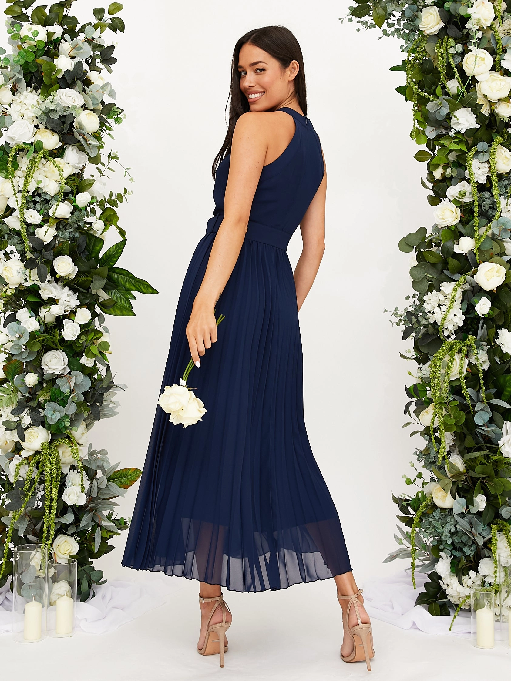 Cross Neck Pleated Midaxi Chiffon Dress / Navy Clean Structure Special-Edition