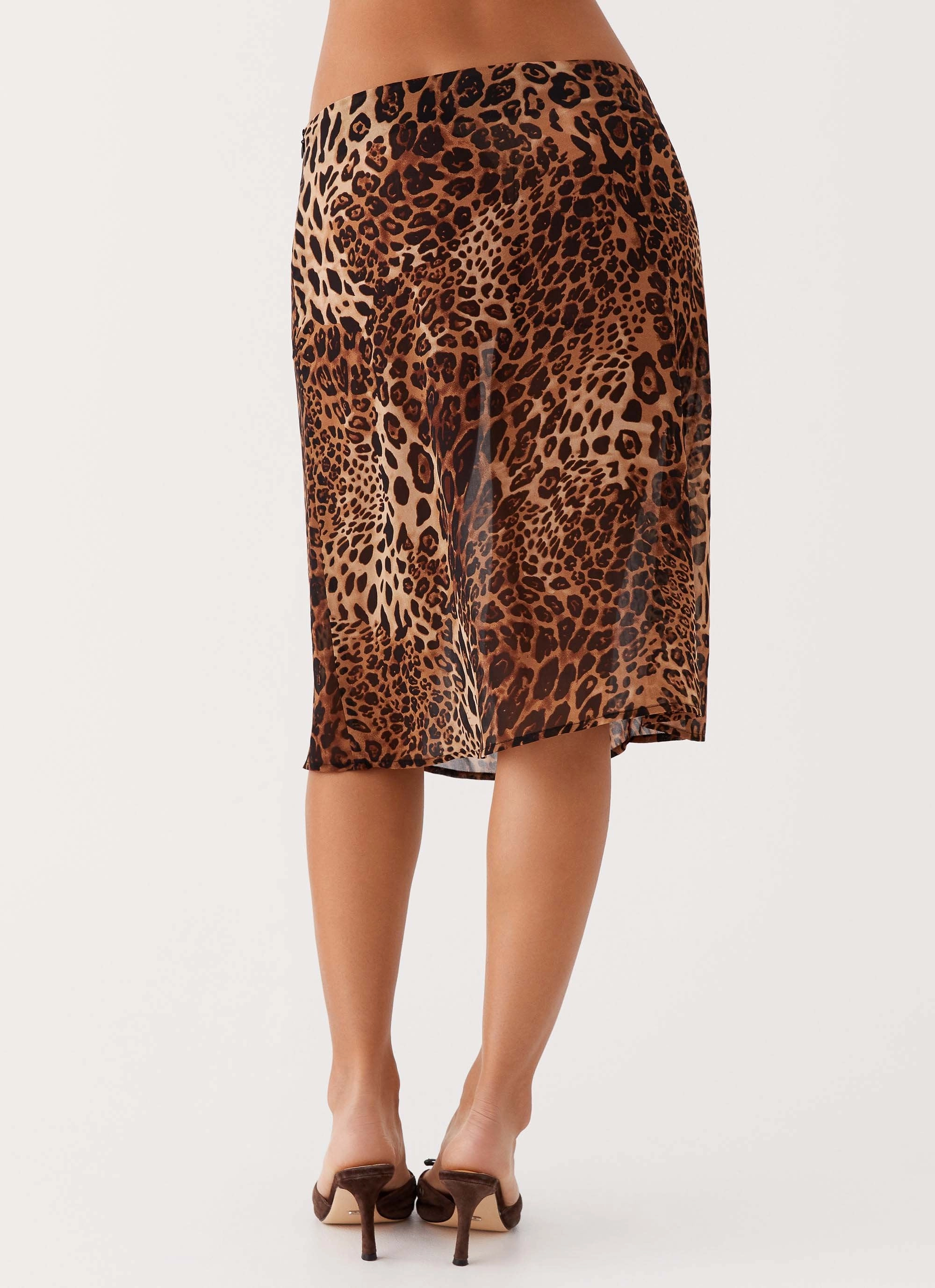 Evoke Chiffon Midi Skirt - Leopard Crisscross Back Frayed Finish