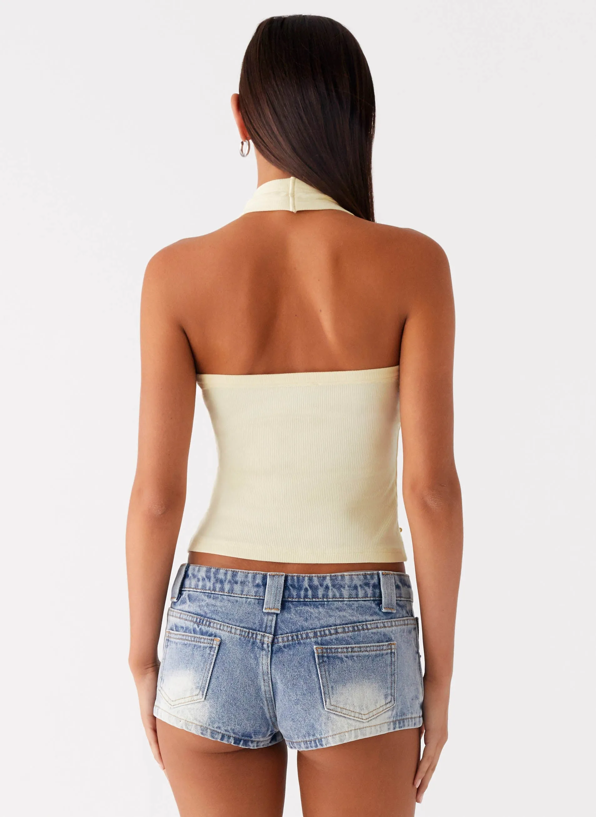 Eye Contact Sequin Halter Top - Yellow Breathable Mesh Back Erasable Surface Coating