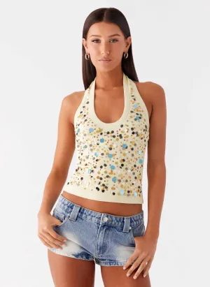 Textured Fabric Finish Eye Contact Sequin Halter Top - Yellow