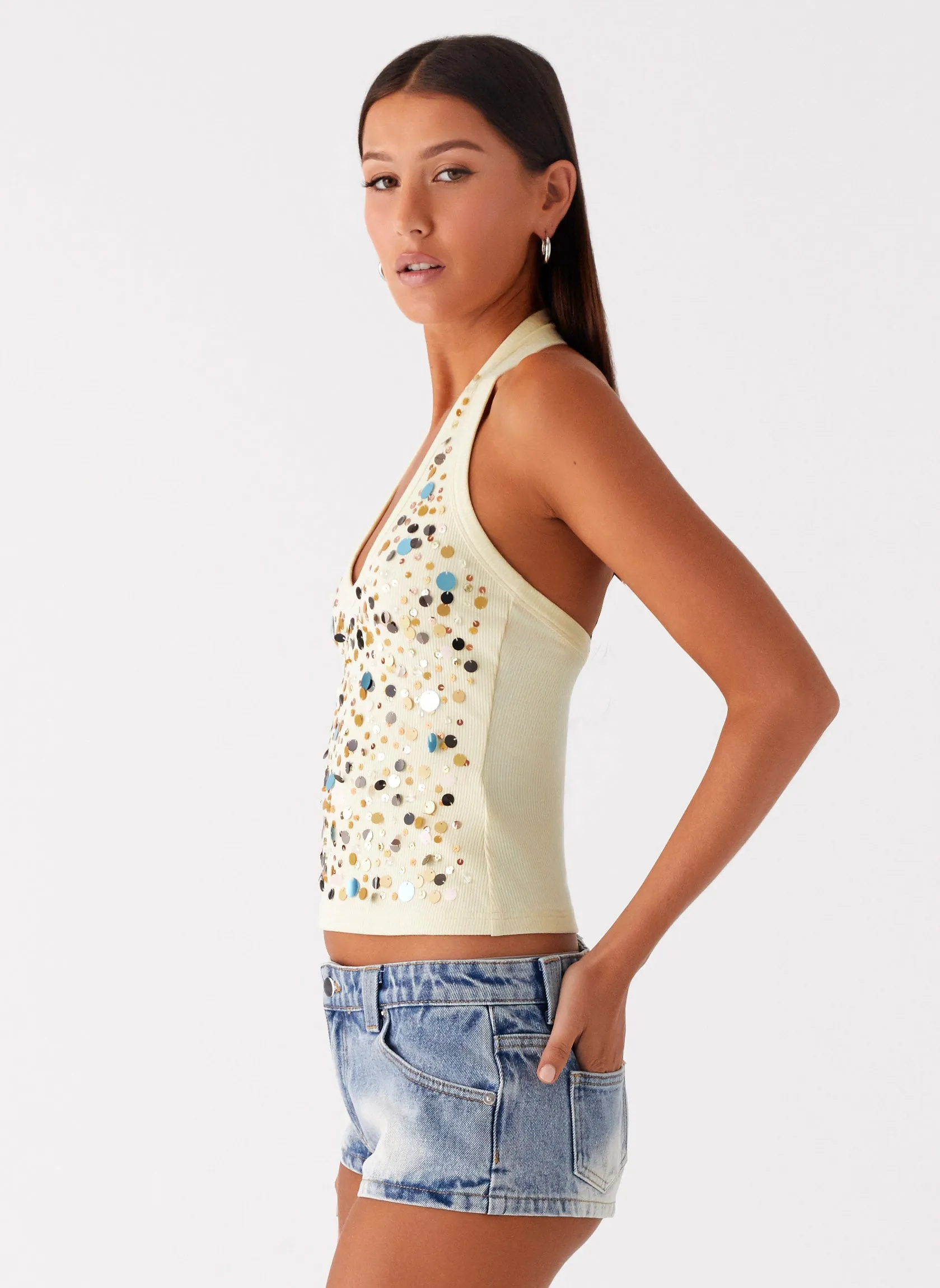 Eye Contact Sequin Halter Top - Yellow Unstructured Fit ButtonFront