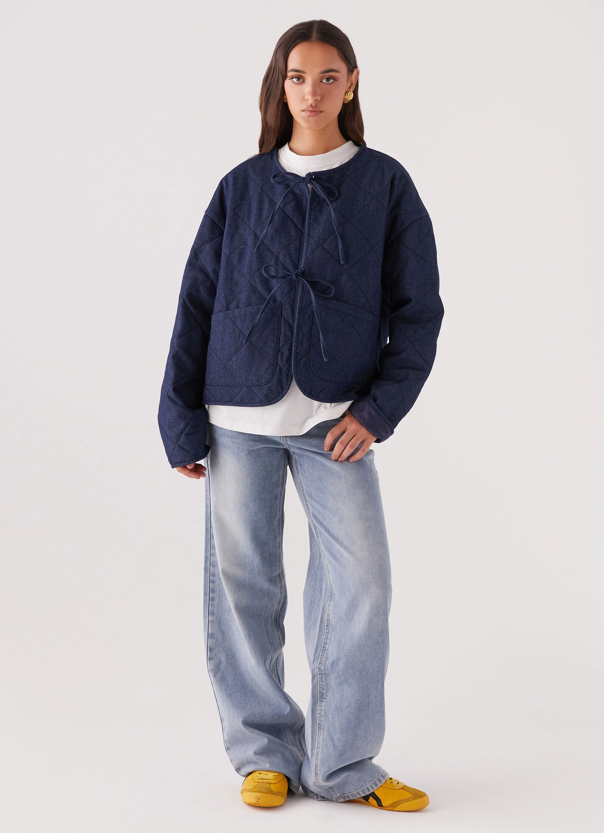 Casual Work Look Faded Fall Quilted Jacket - Vintage Blue Wash