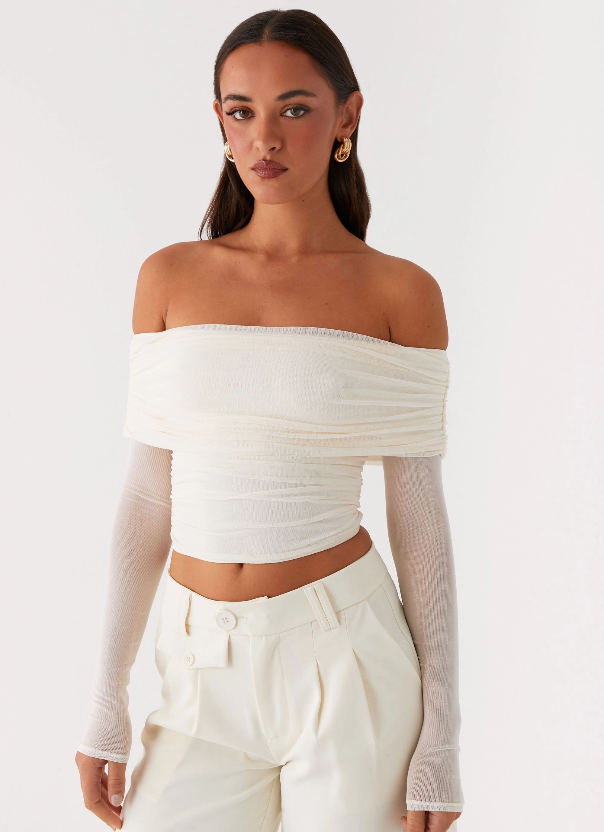 Flexible Material SoftBrushed Vivianne Off Shoulder Top - Ivory