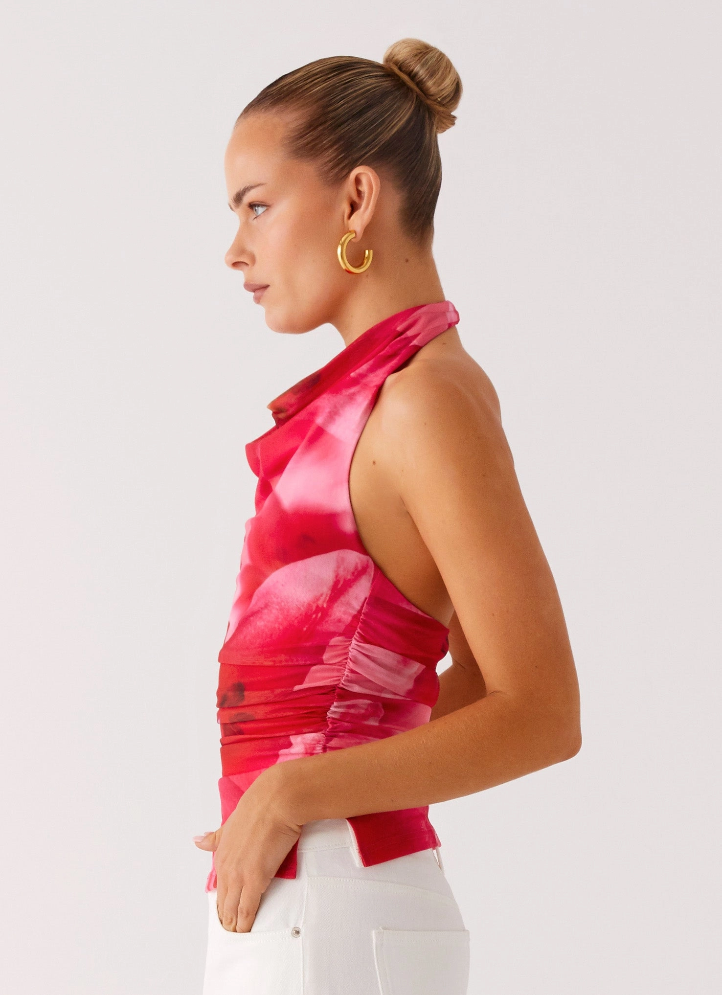 Delany Halter Top - Peach Watermelon Flower Reflective Accent Stripes