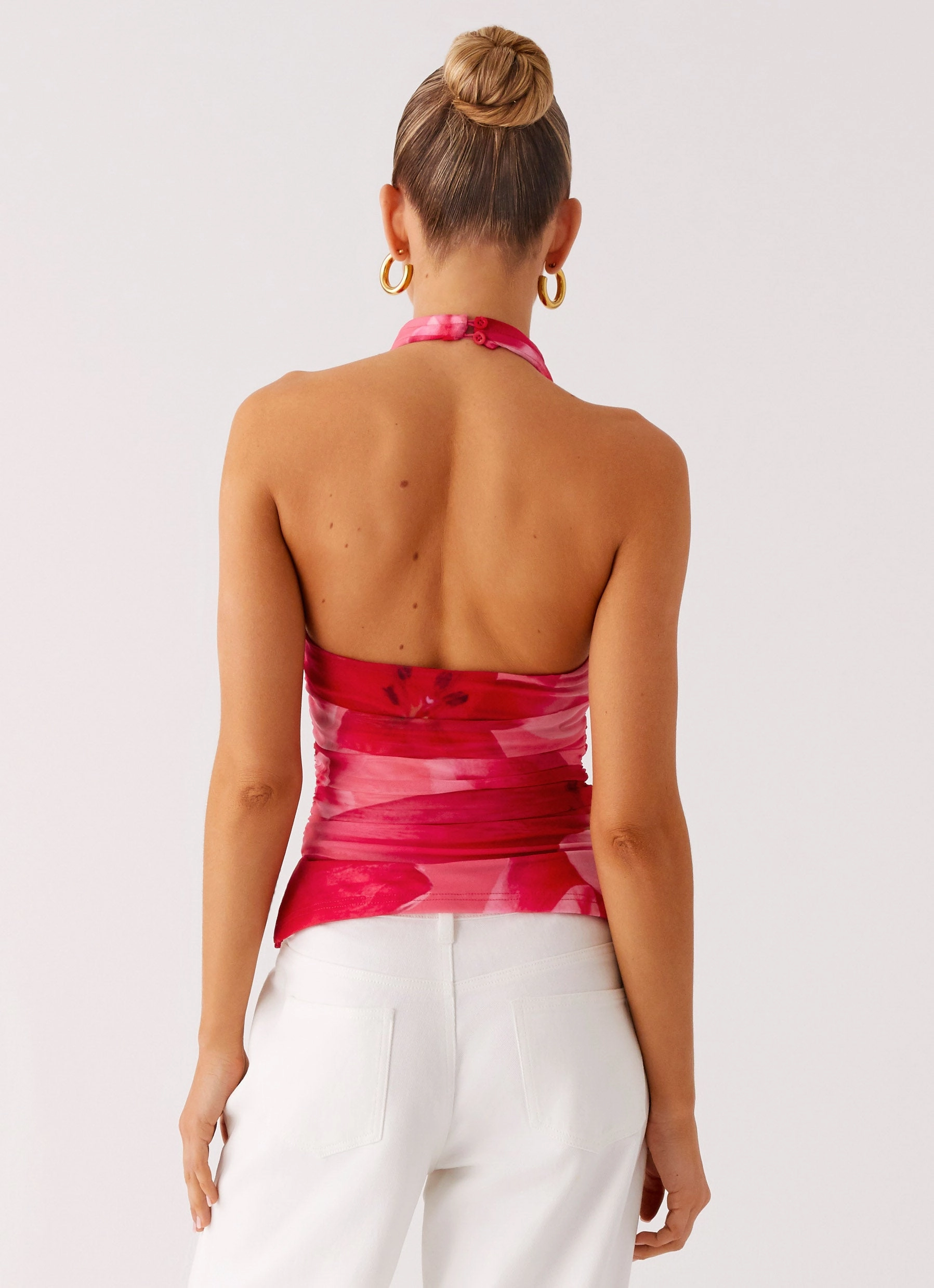 Delany Halter Top - Peach Watermelon Flower Minimalist Stitching Bohemian style