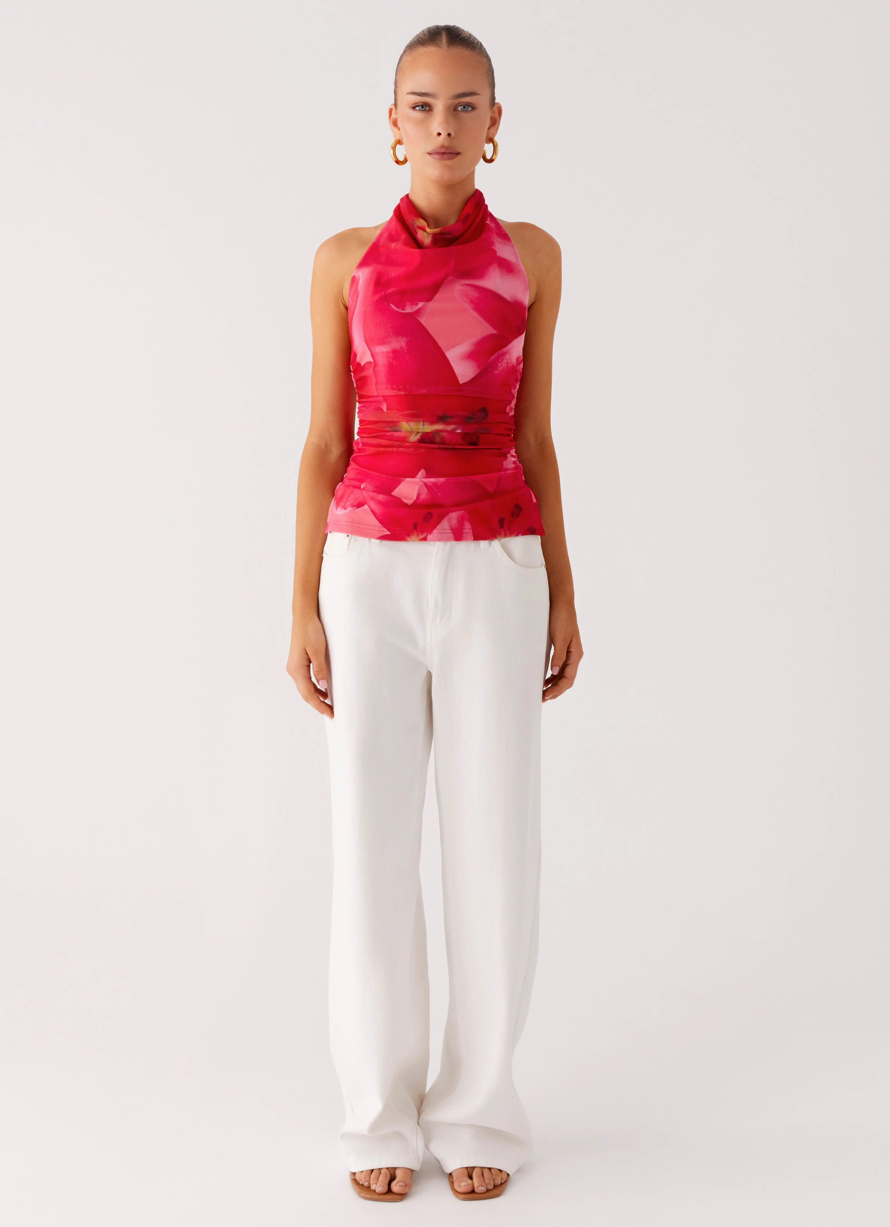 Delany Halter Top - Peach Watermelon Flower EcoCertified Flatlock Seam Technique