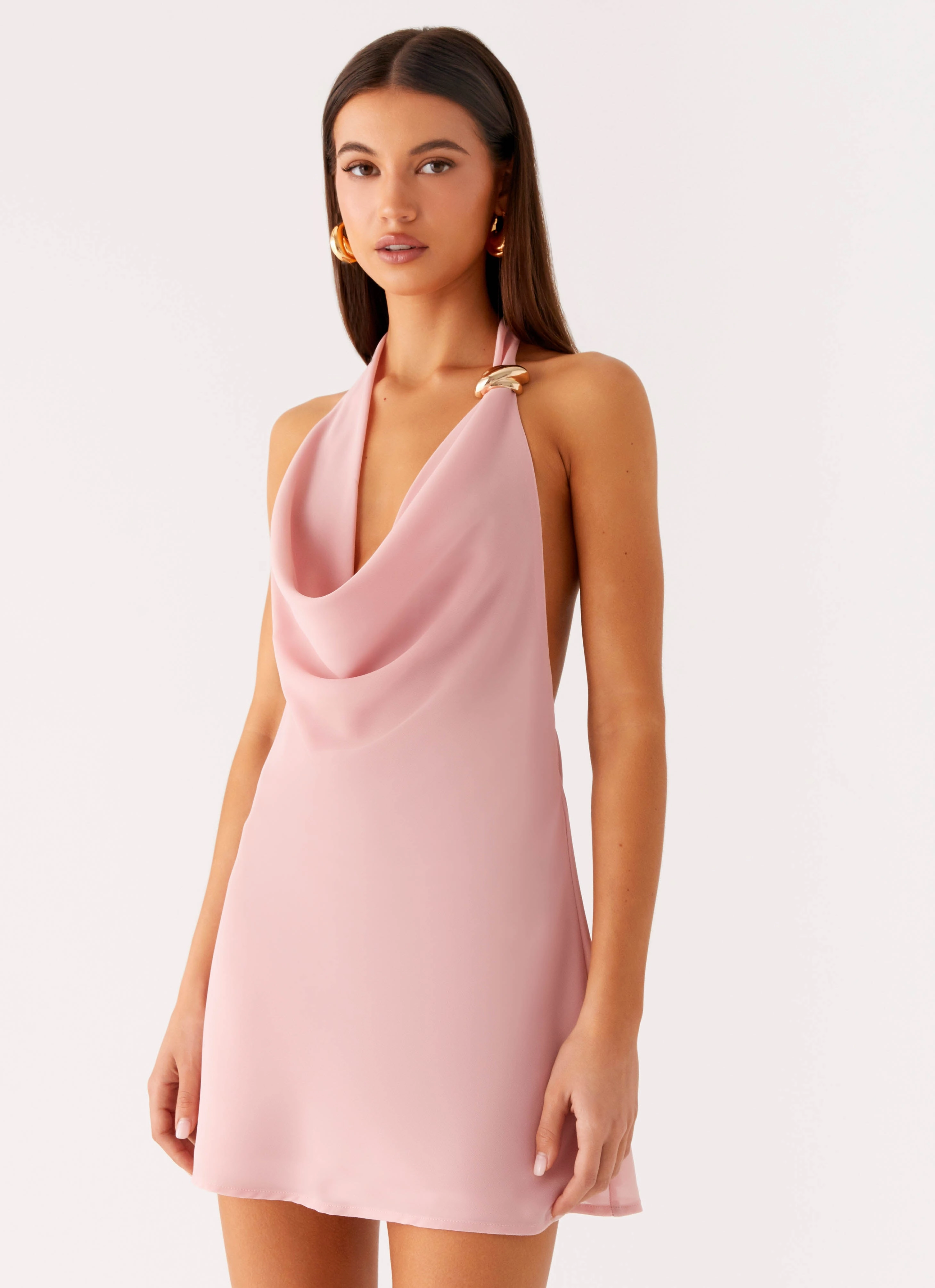 Coral Meadow Cowl Mini Dress - Pink Artistic Flair travel mode