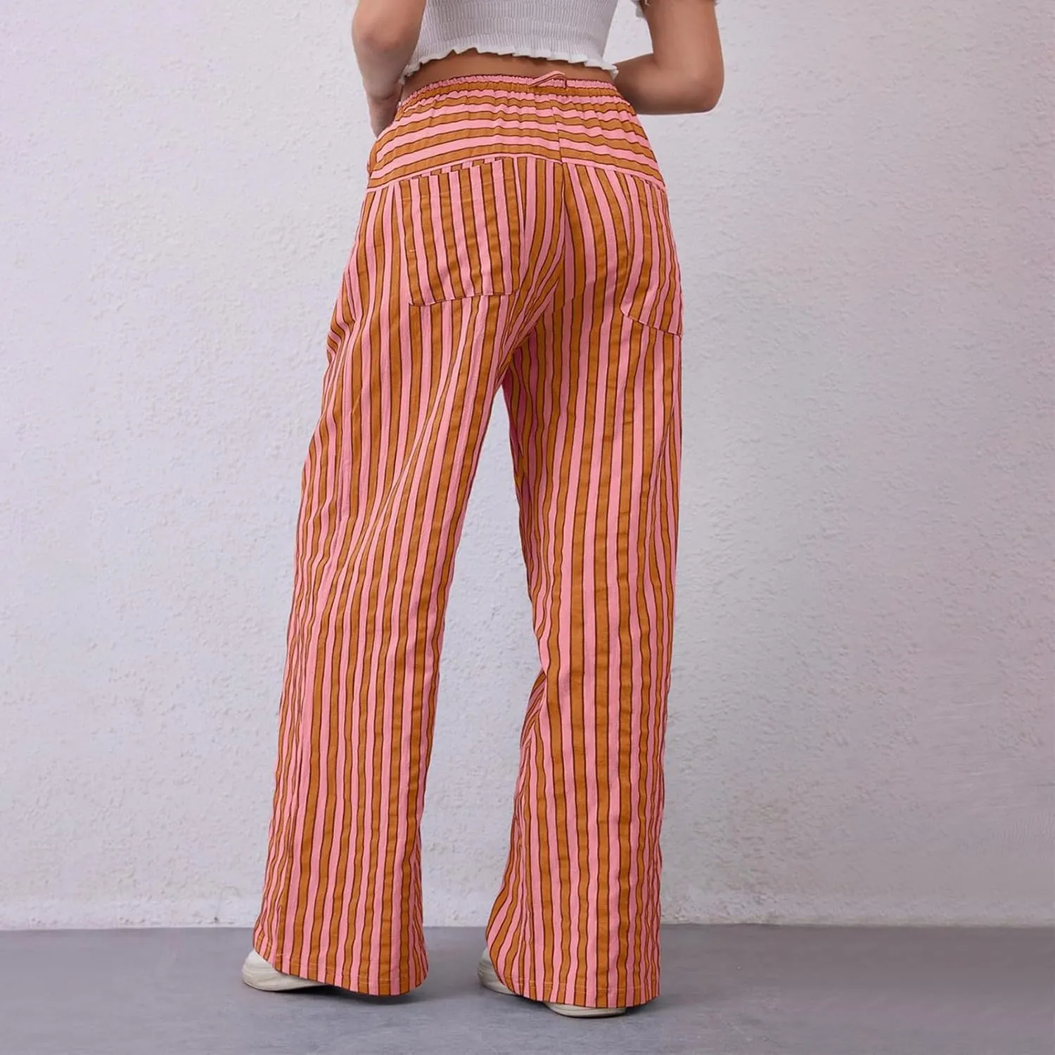 fanmpghleoo Drawstring Striped Pants Women Low Rise Wide Leg Pants Comfy Lounge Pants with Pockets Straight Leg Trousers