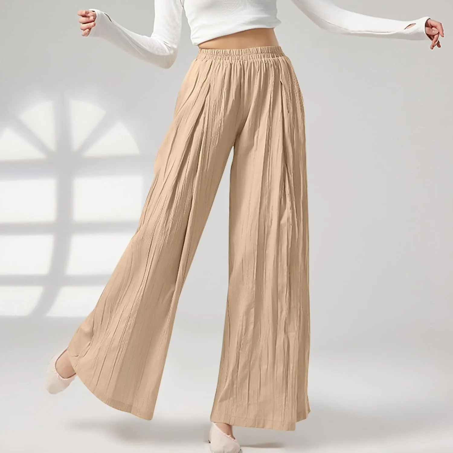 fanmpghleoo Linen Pants Women Baggy Wide Leg Culottes for Women Lightweight Flowy Dance Pants Comfy Lounge Pants with Pockets