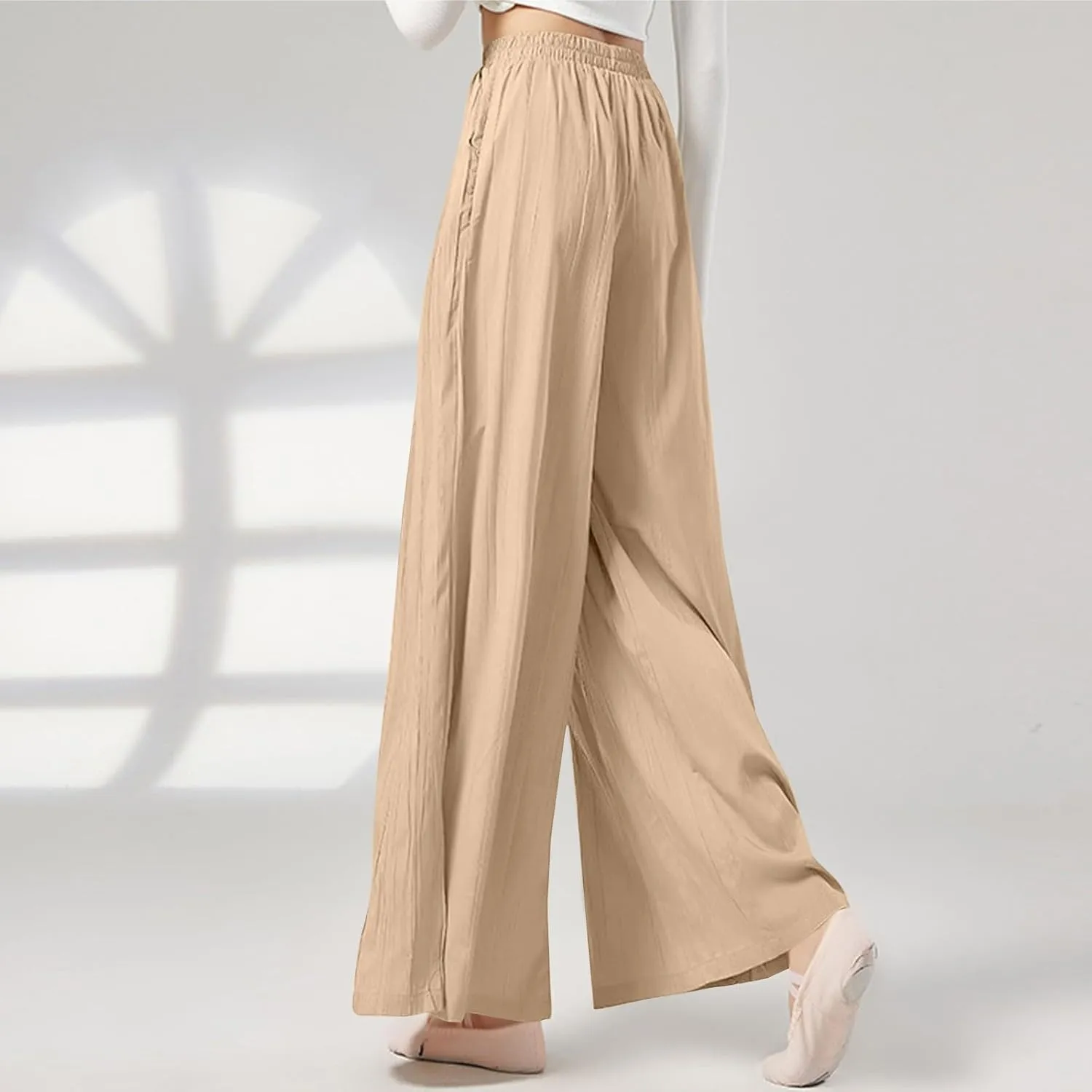 fanmpghleoo Linen Pants Women Baggy Wide Leg Culottes for Women Lightweight Flowy Dance Pants Comfy Lounge Pants with Pockets