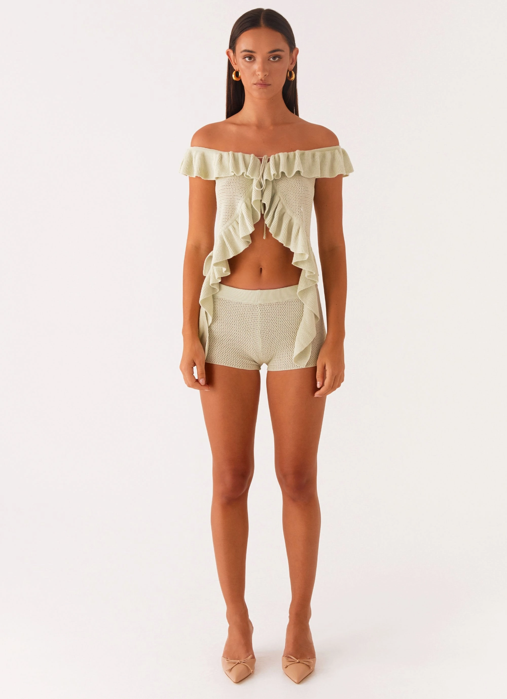 Relaxed City Style Fantasise Knit Mini Shorts - Mint