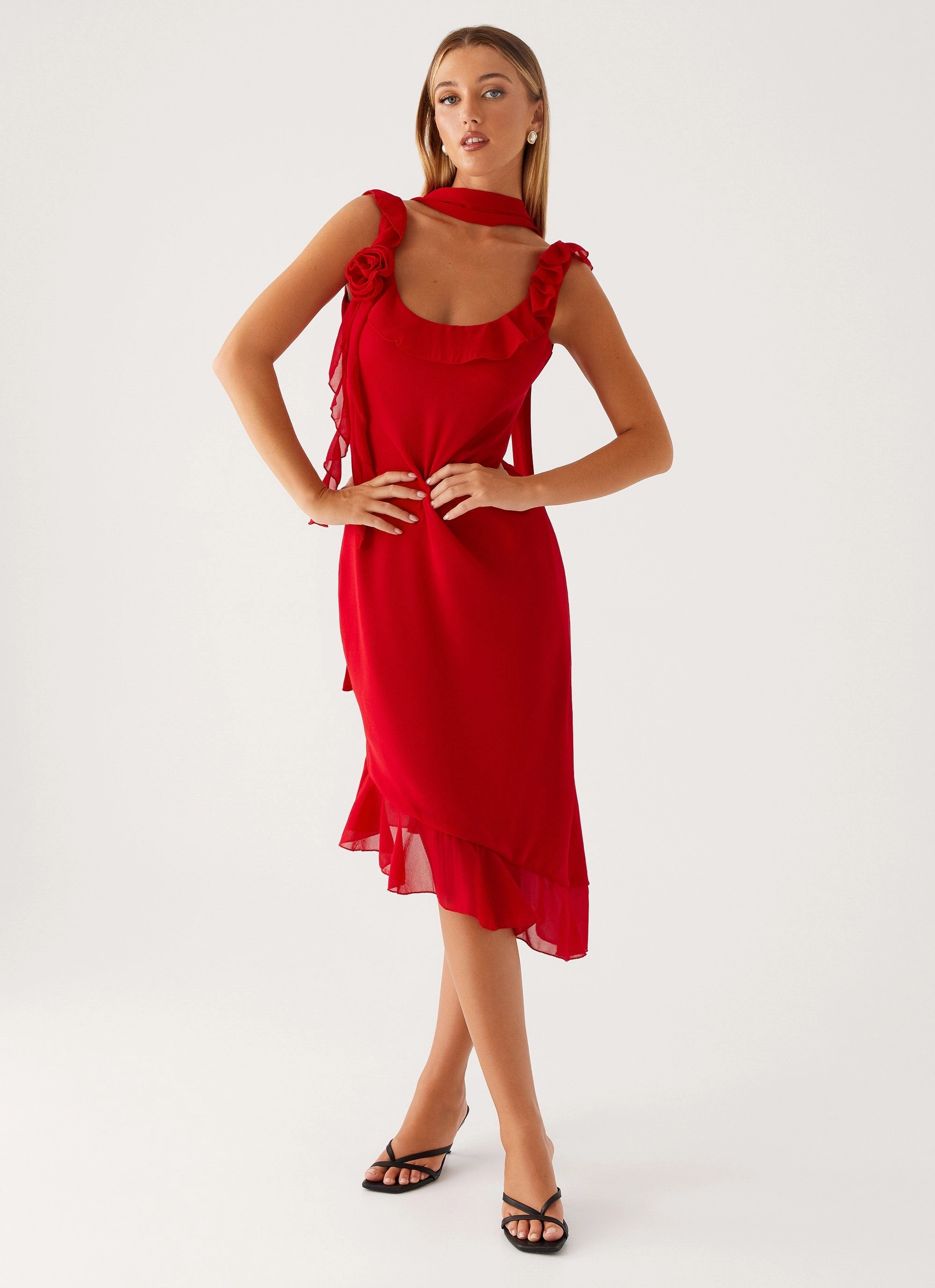 Elegant Waistband Fariday Midi Dress - Red