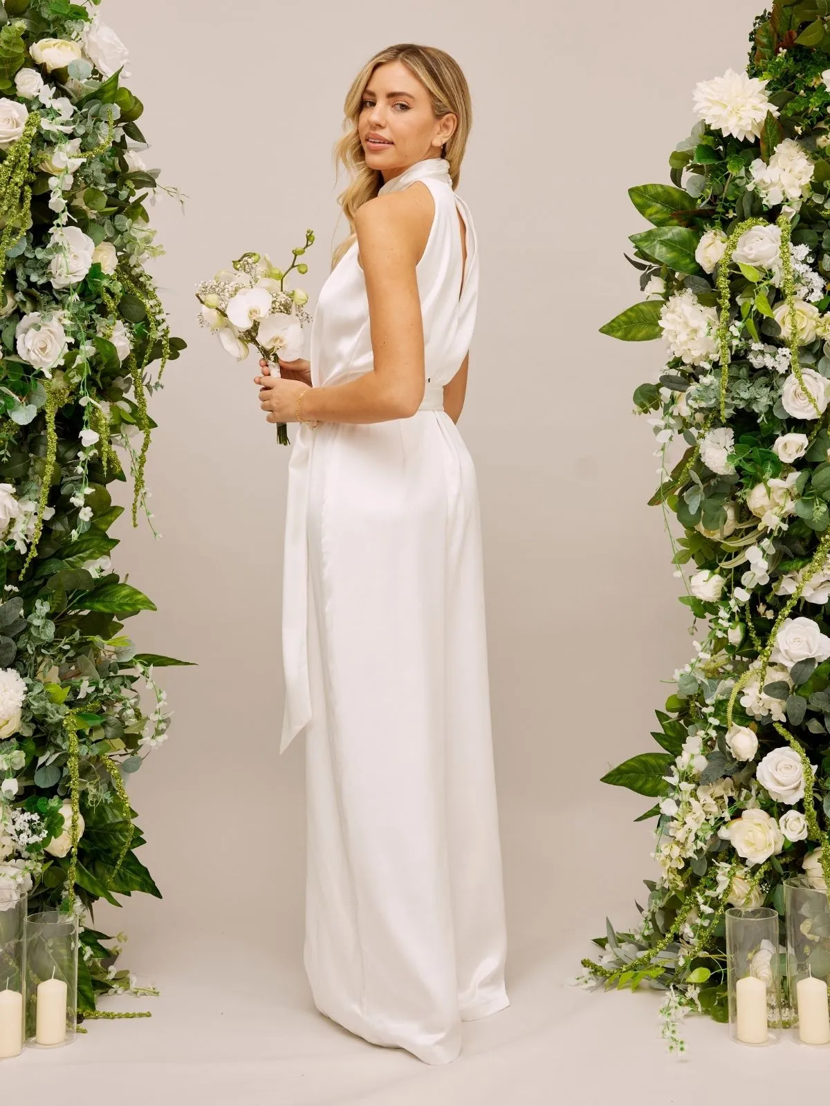 Fall Inspired Satin Halter Bridal Jumpsuit / Ivory