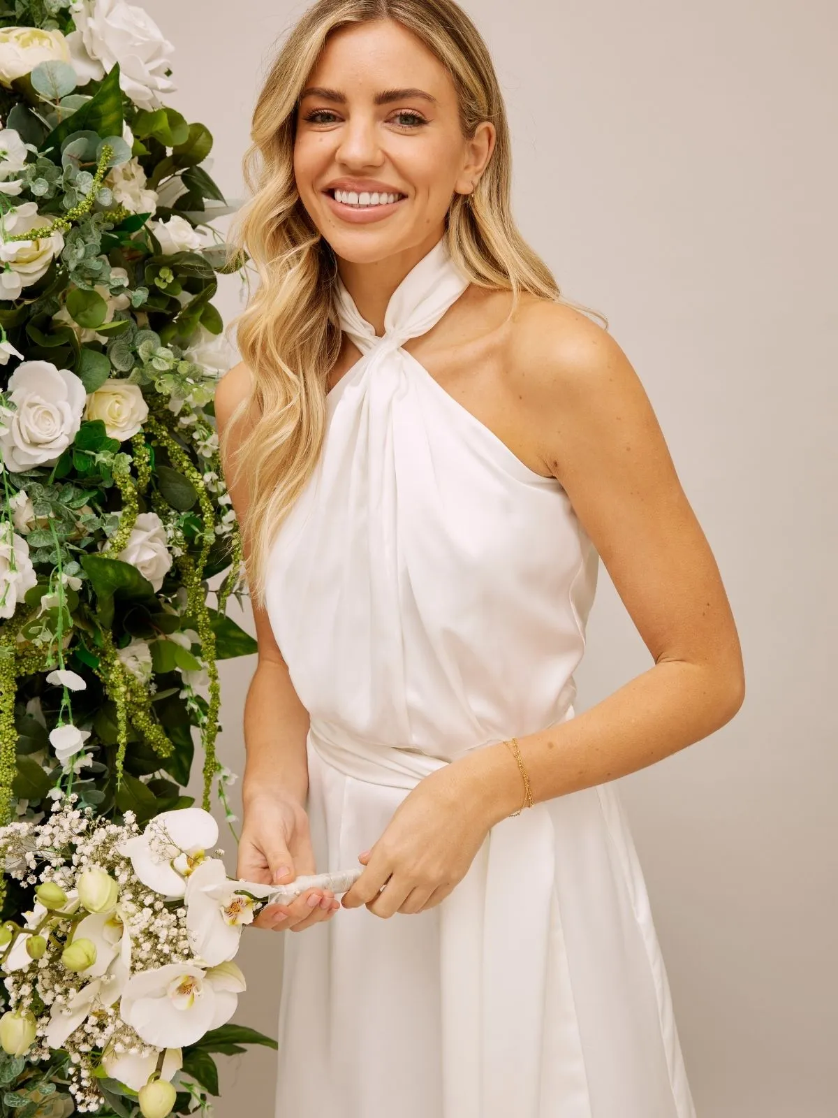 Easy Comfort Tulle-Overlay Satin Halter Bridal Jumpsuit / Ivory