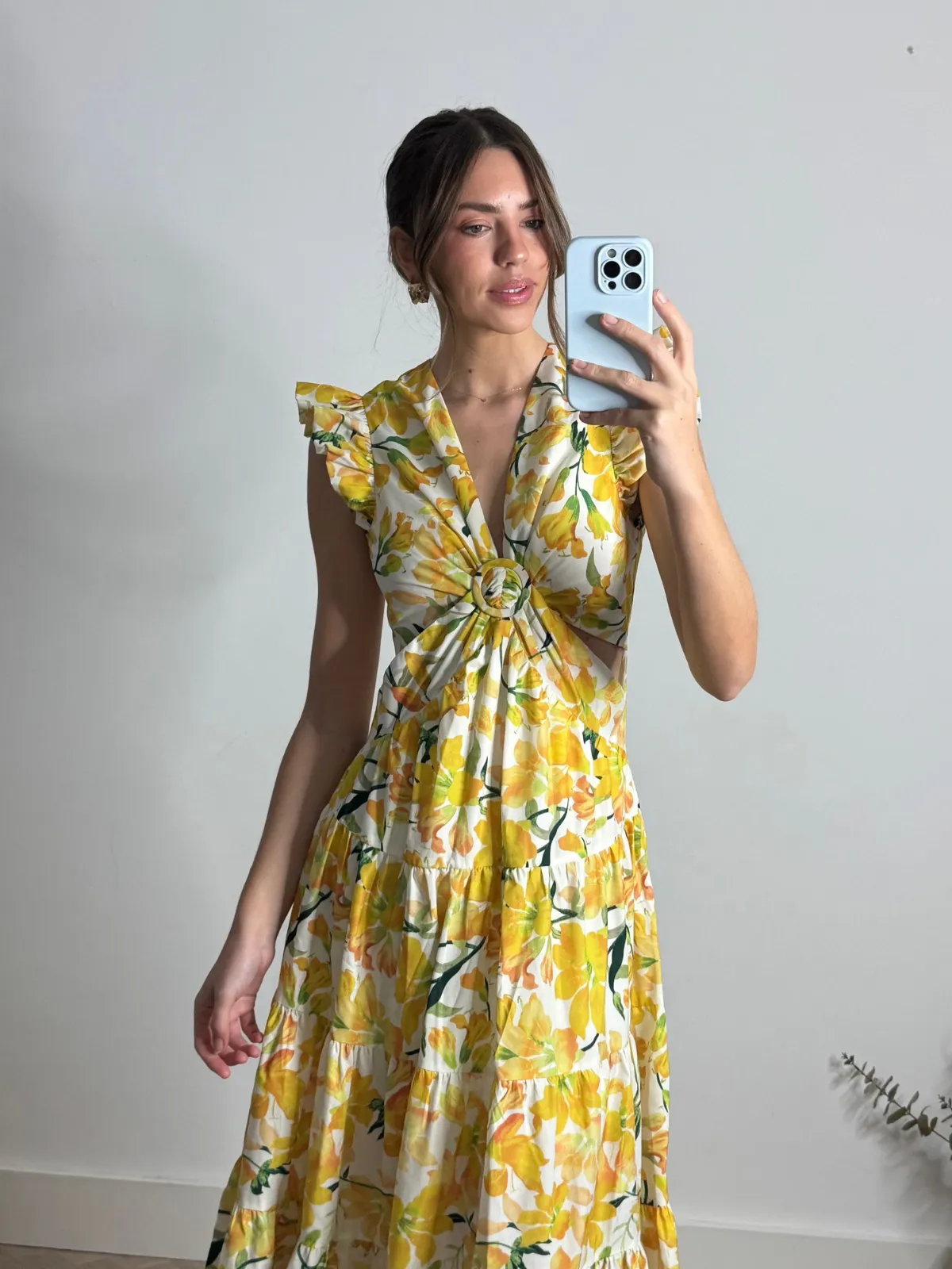 Calm Drape Indie Cut Out Frill Maxi Dress in Lemon Floral