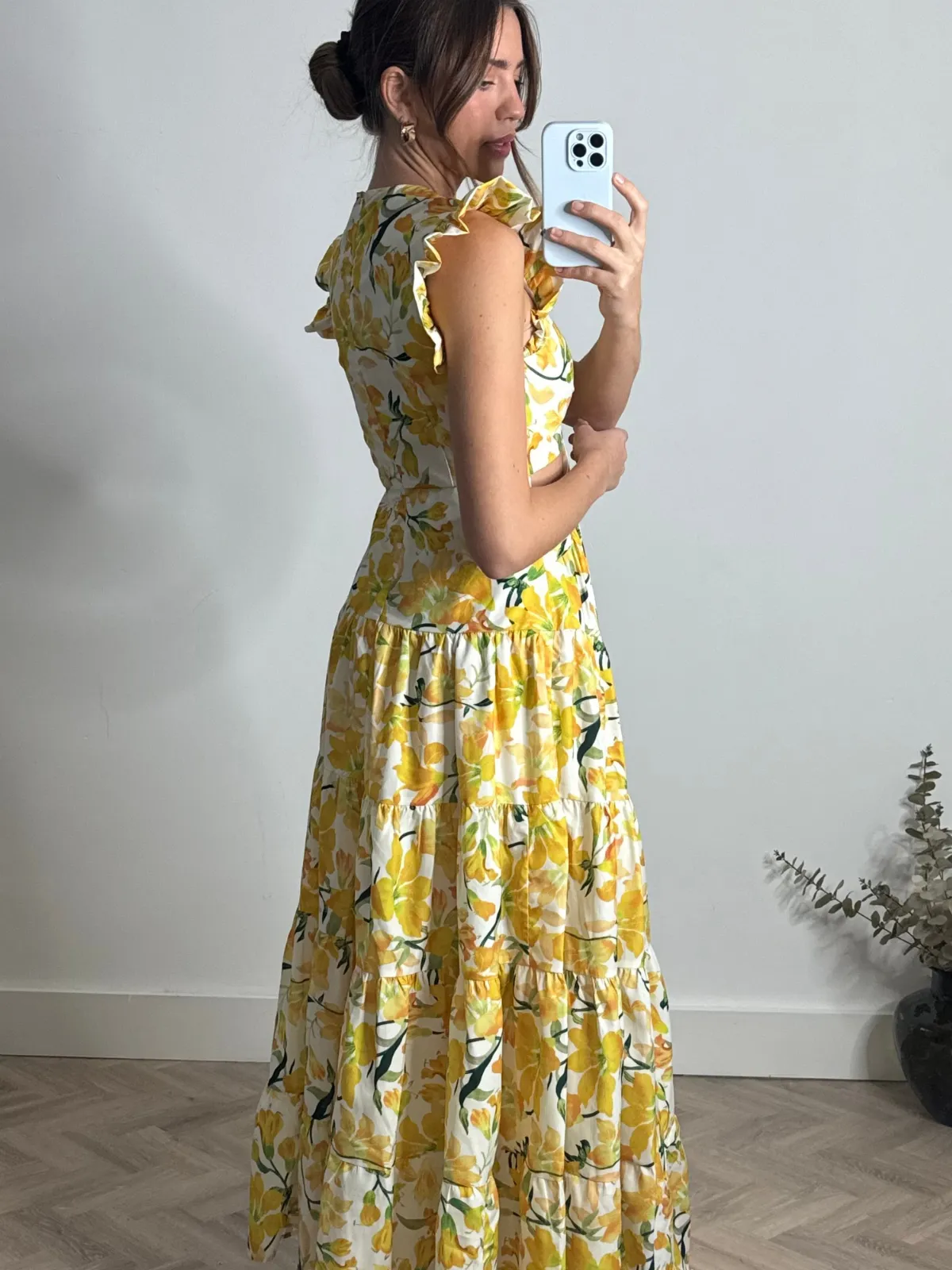 Urban Motion Indie Cut Out Frill Maxi Dress in Lemon Floral
