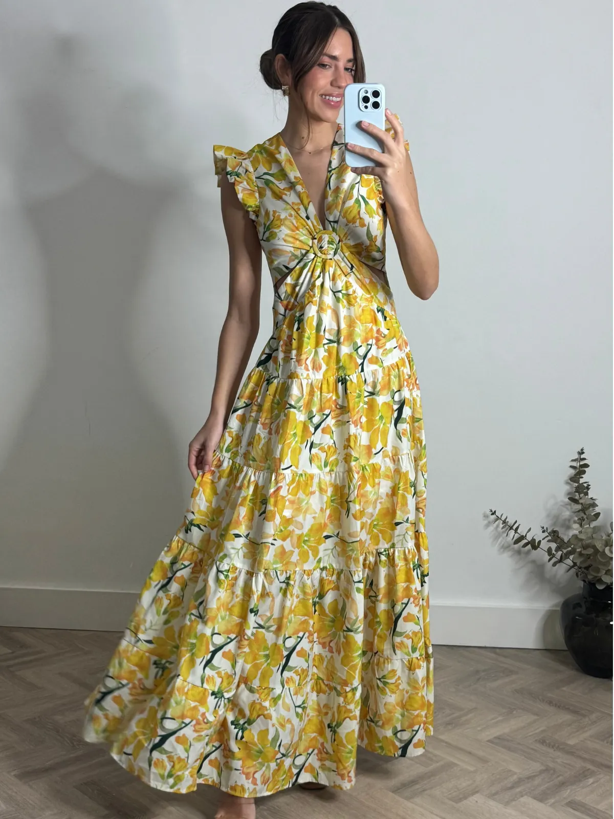 Indie Cut Out Frill Maxi Dress in Lemon Floral cut out Light Volume