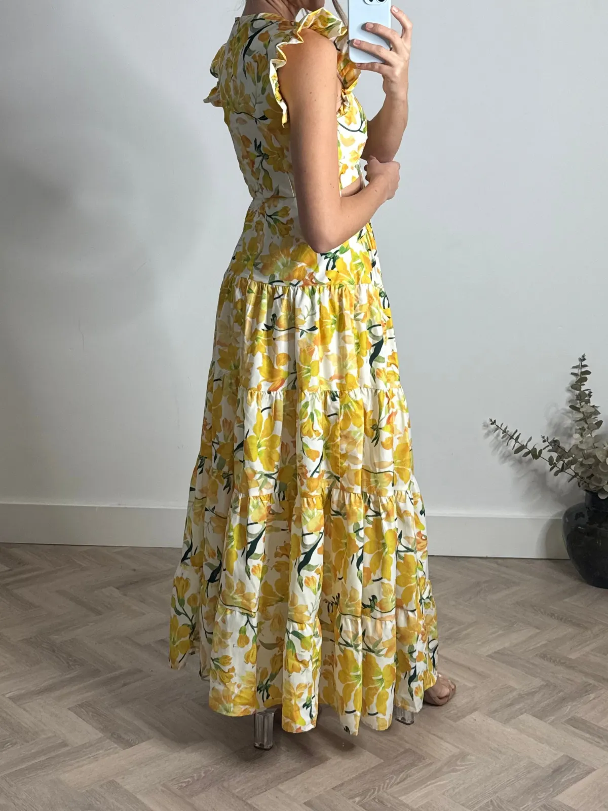 Indie Cut Out Frill Maxi Dress in Lemon Floral Versatile Comfort Wear Chilly Weather Wear