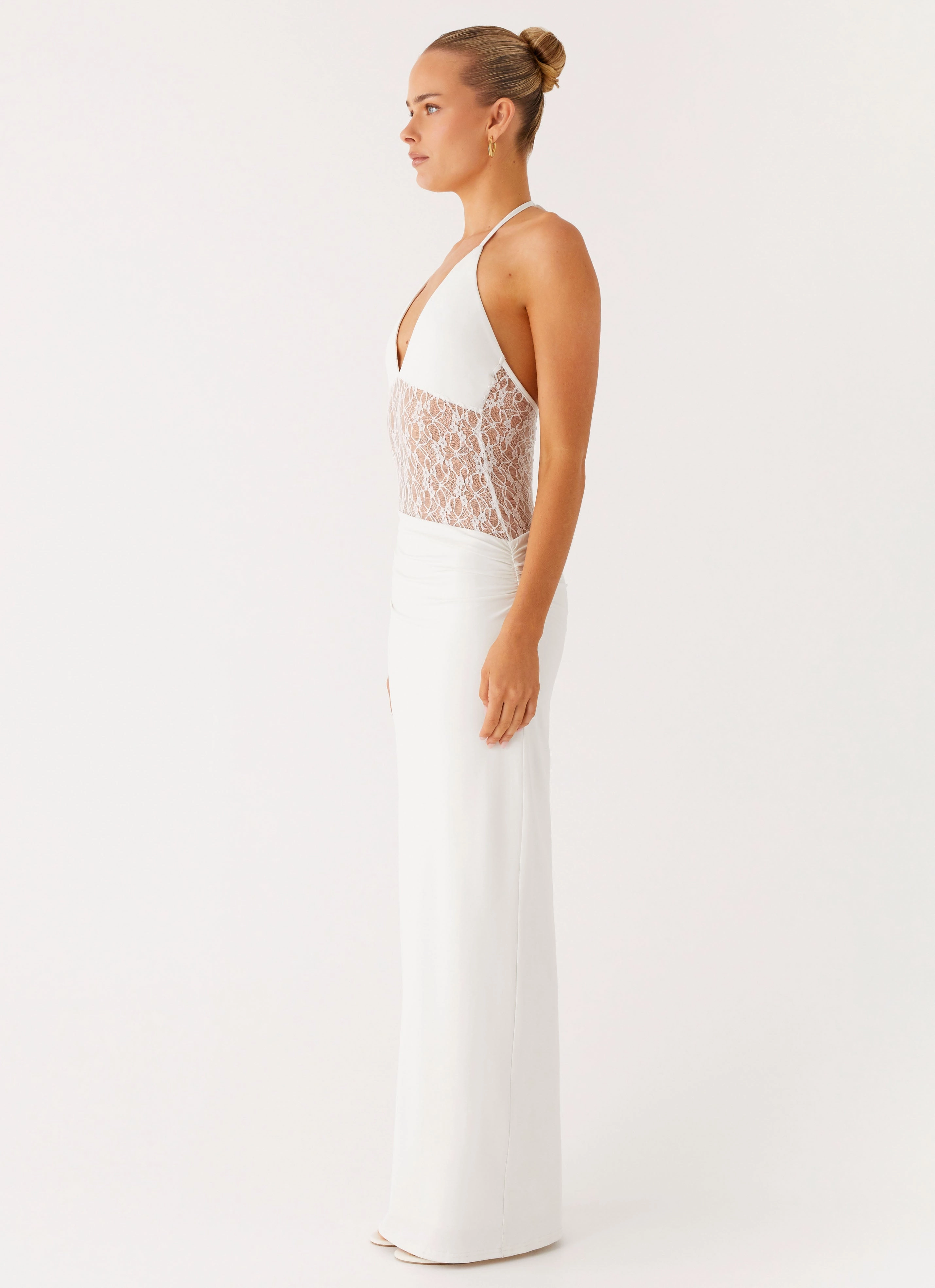 Enchant Lace Maxi Dress - Ivory Elegant Waistband Fit Winter Classic