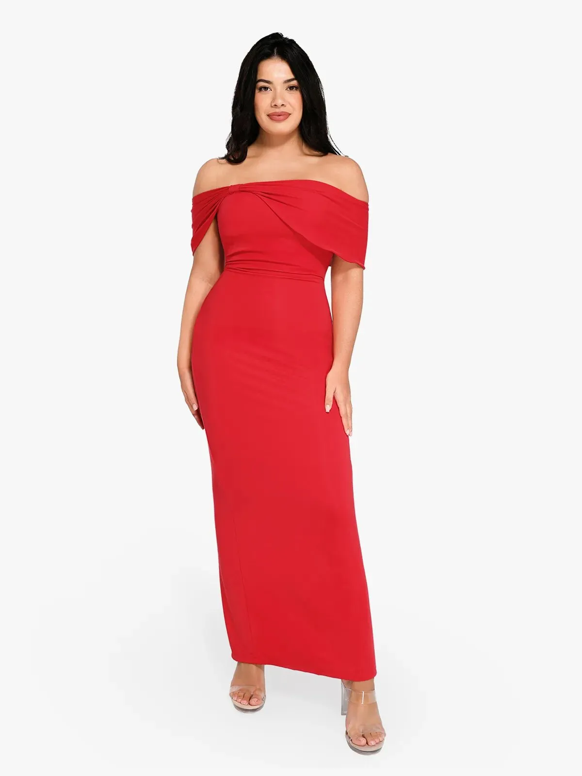 Shapewear Off-the-Shoulder Slim Column Maxi Dress Wrinkle Resistant Textile AntiPillingSurface
