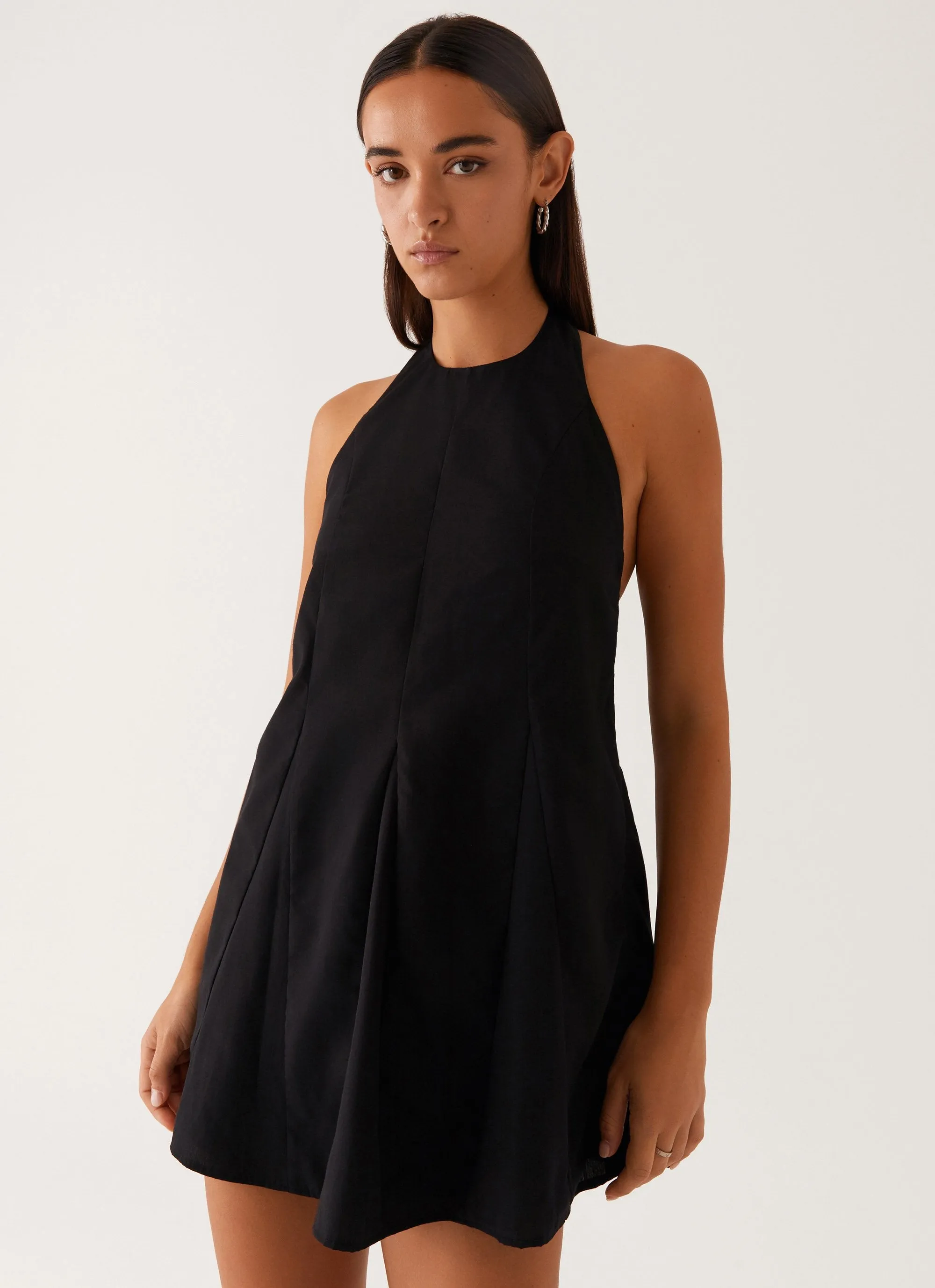 Avalon Halterneck Mini Dress - Black Textured Flow Slim Silhouette