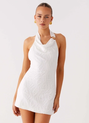 Love Line Halter Mini Dress - White V-Neck