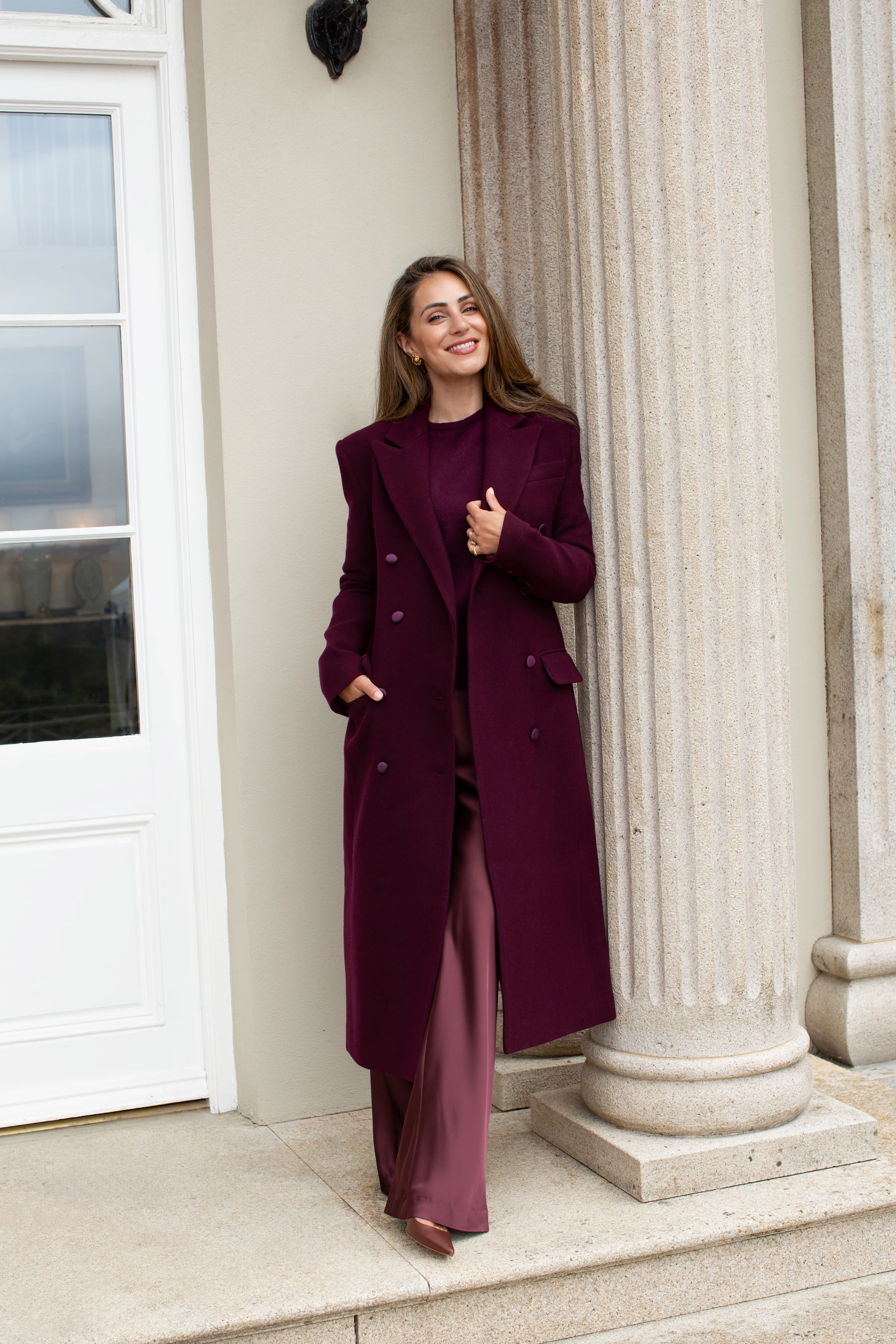 "The Sandra" - Satin Trousers Regular (Plum) Easy Texture Square-Neck