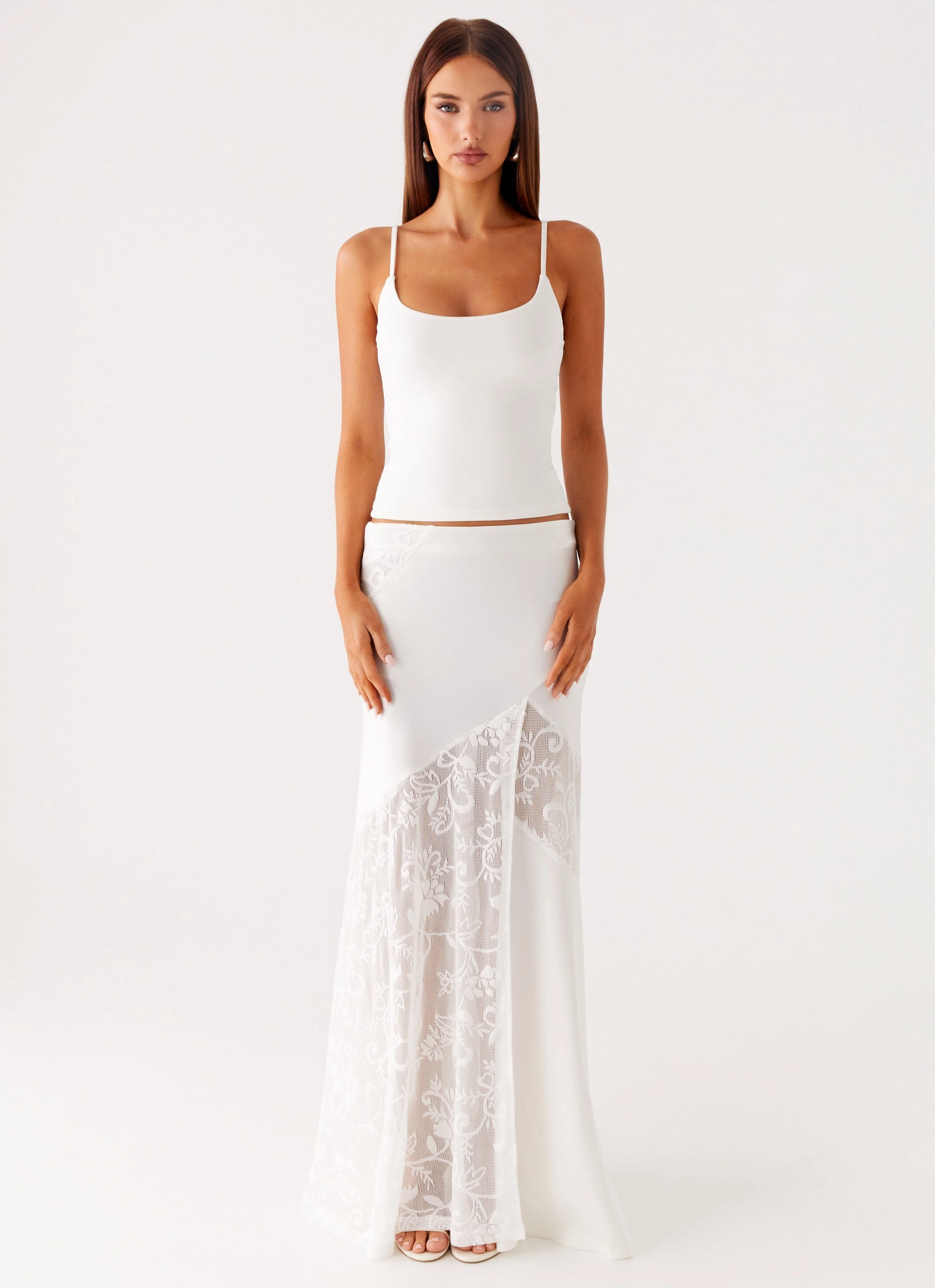 High Density Weave LowProfileTopstitching Dasie Lace Maxi Skirt - White