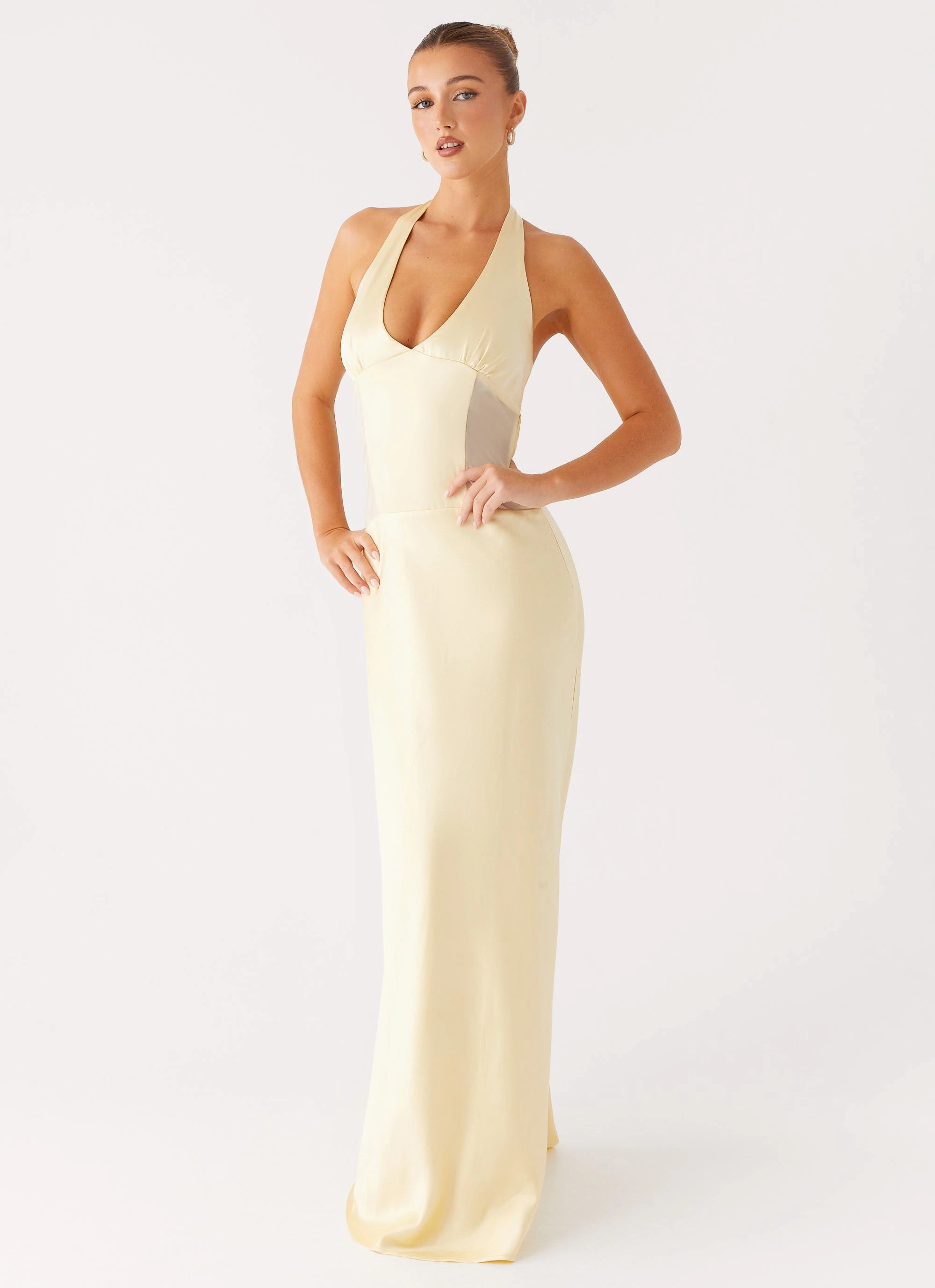 Simple Bow Sophisticated Line Ambre Mesh Panel Maxi Dress - Yellow
