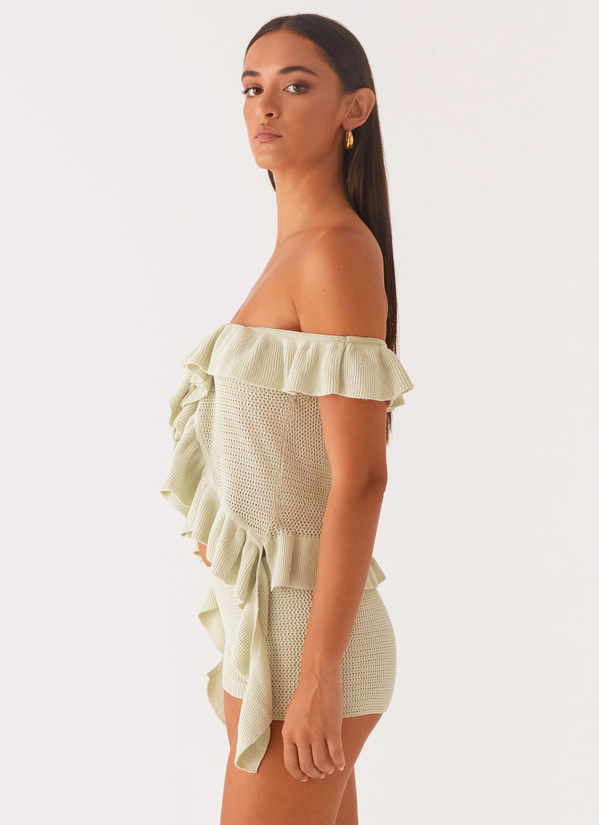 Bowen Off Shoulder Knit Top - Mint Summer Sweater Ribbed Trim