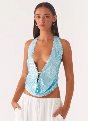 Flexible Ribbing AntiStatic Weave Rio Dreams Cowl Neck Halter Top - Turquoise