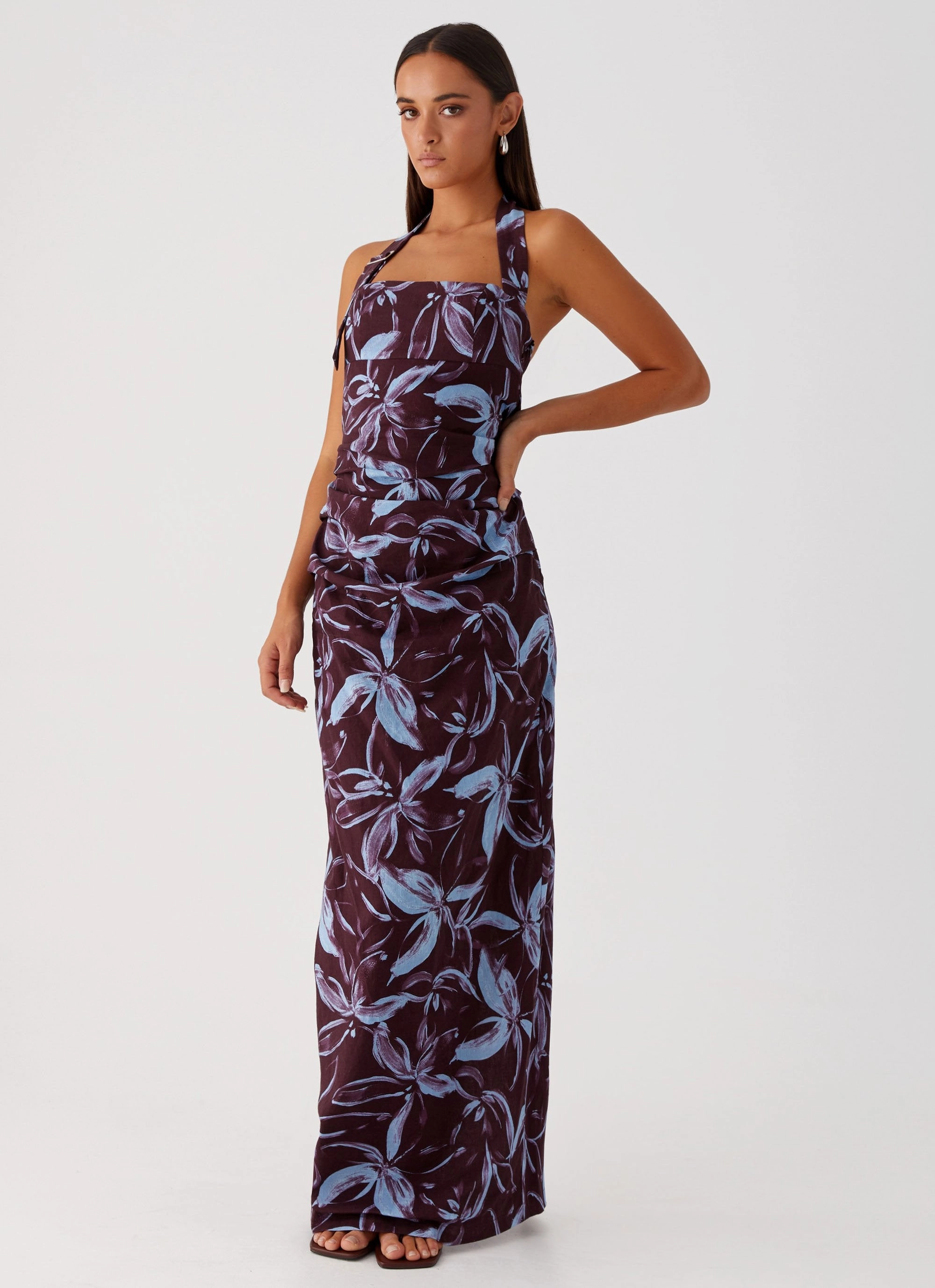 Fauna Halter Maxi Dress - Brown Purple Floral Winter Layering Timeless Wearable