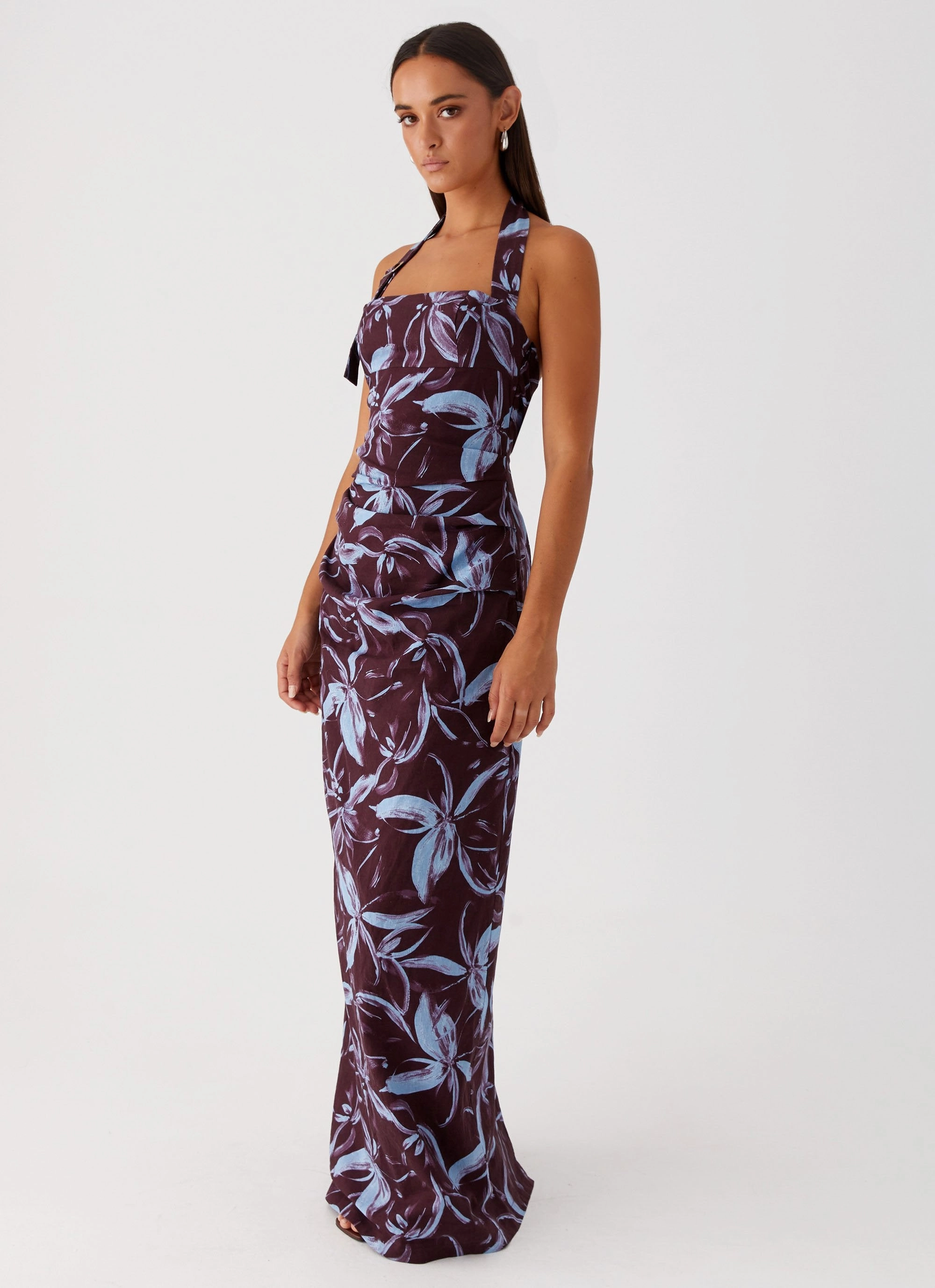 Chic Look Fashionable Wear Fauna Halter Maxi Dress - Brown Purple Floral